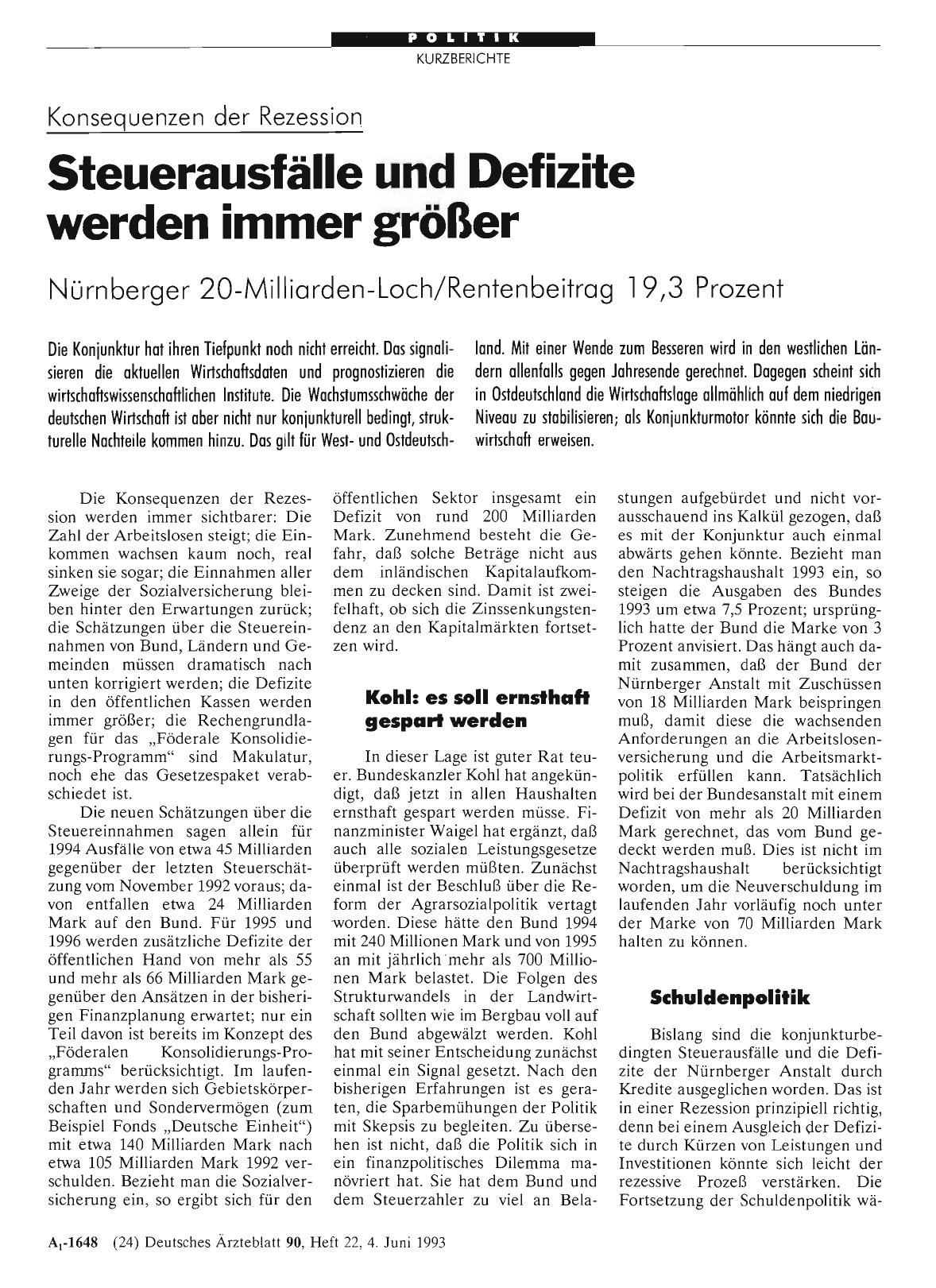 Vorschauseite 1: Konsequenzen der Rezession: Steuerausfälle und Defizite werden immer größer