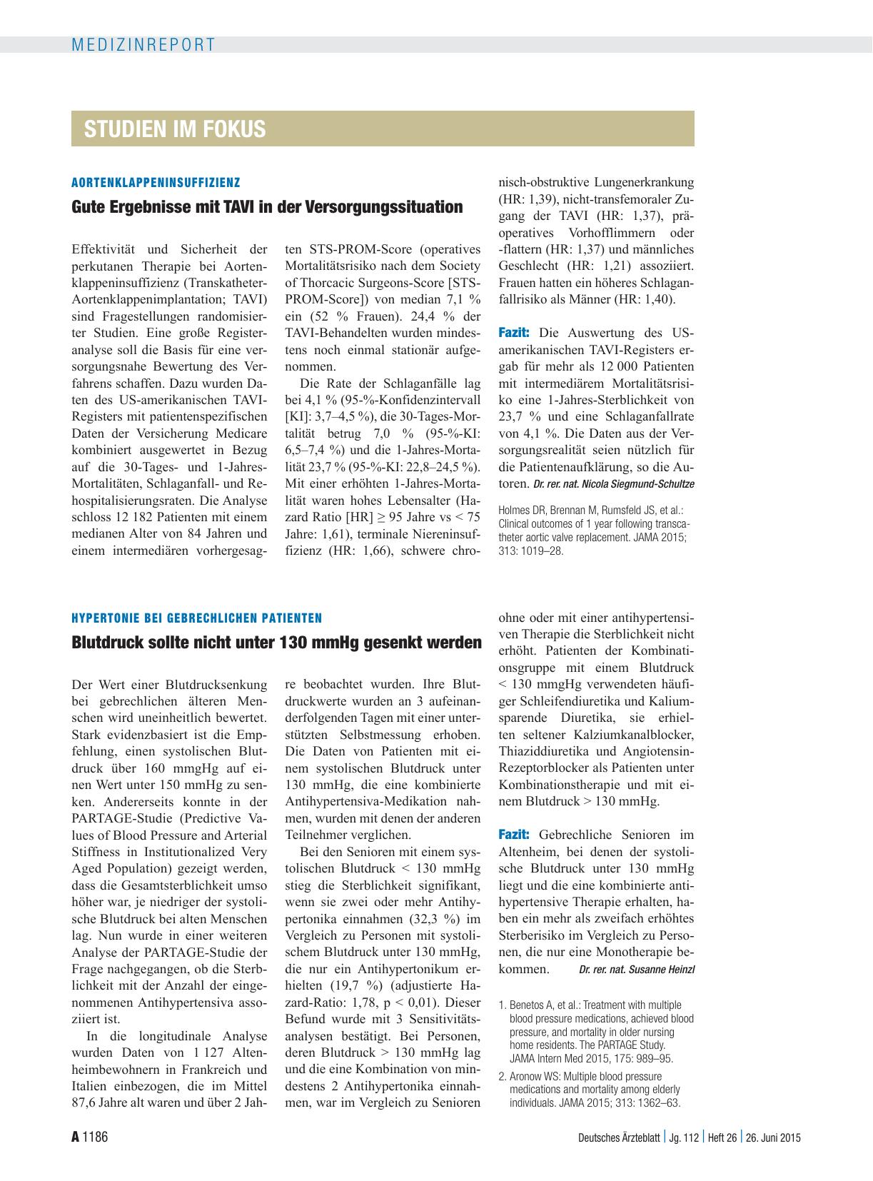 Vorschauseite 1: Hypertonie bei gebrechlichen Patienten: Blutdruck sollte nicht unter 130 mmHg gesenkt werden
