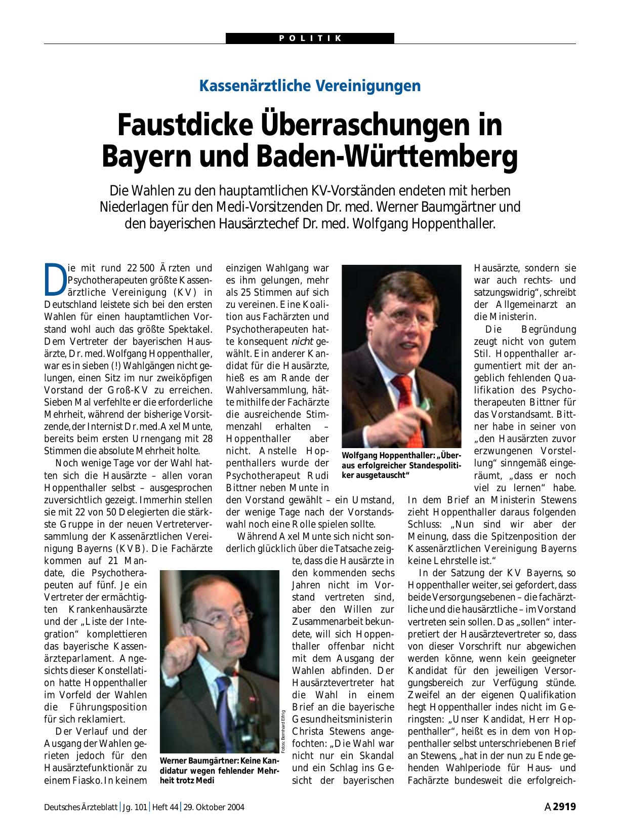 Vorschauseite 1: Kassenärztliche Vereinigungen: Faustdicke Überraschungen in Bayern und Baden-Württemberg