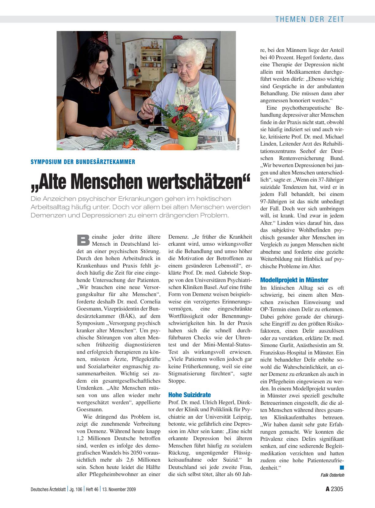 Vorschauseite 1: Symposium der Bundesärztekammer: „Alte Menschen wertschätzen“