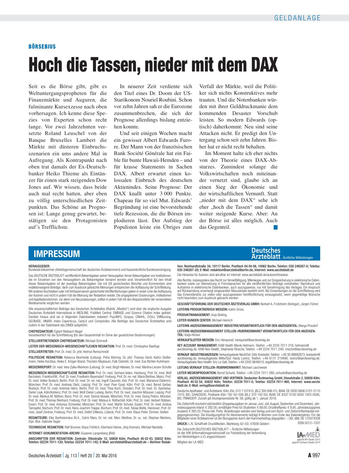 Vorschauseite 1: Börsebius: Hoch die Tassen, nieder mit dem DAX