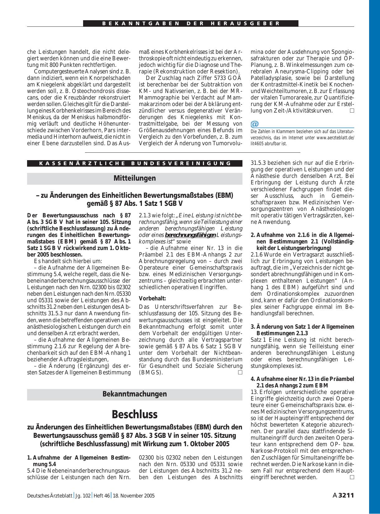 Vorschauseite 1: Mitteilungen – zu Änderungen des Einheitlichen Bewertungsmaßstabes (EBM) gemäß § 87 Abs. 1 Satz 1 SGB V
