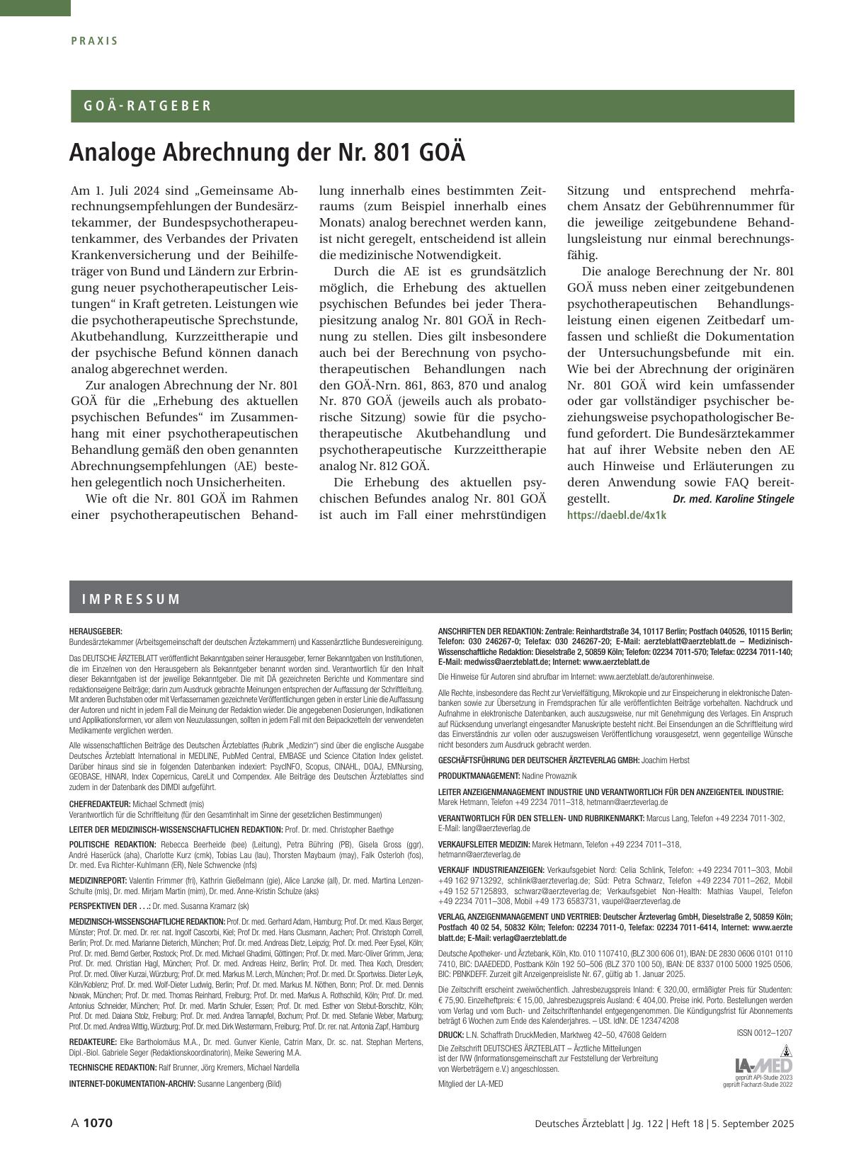 Vorschauseite 1: Analoge Abrechnung der Nr. 801 GOÄ