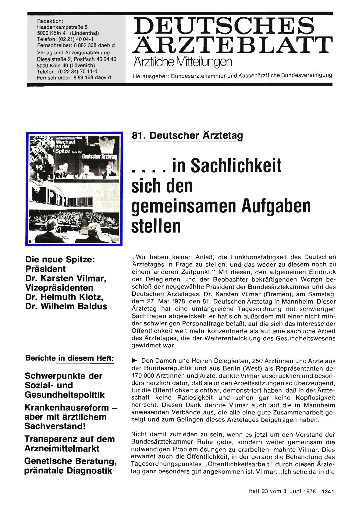 Vorschauseite 1: 81. Deutscher Ärztetag: .. . in Sachlichkeit sich den gemeinsamen Aufgaben stellen