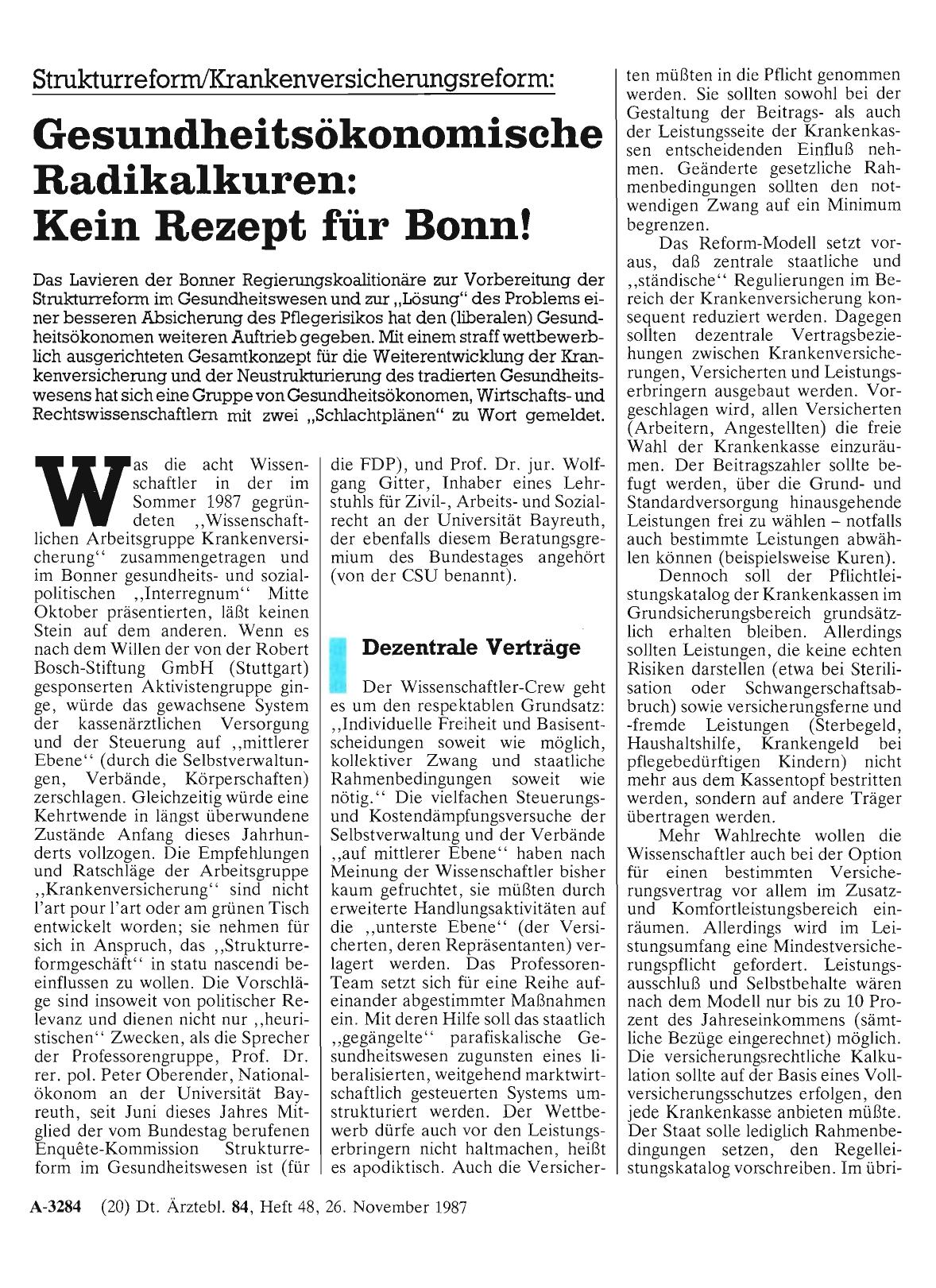 Vorschauseite 1: Strukturreform/Krankenversicherungsreform: Gesundheitsökonomische Radikalkuren: Kein Rezept für Bonn!