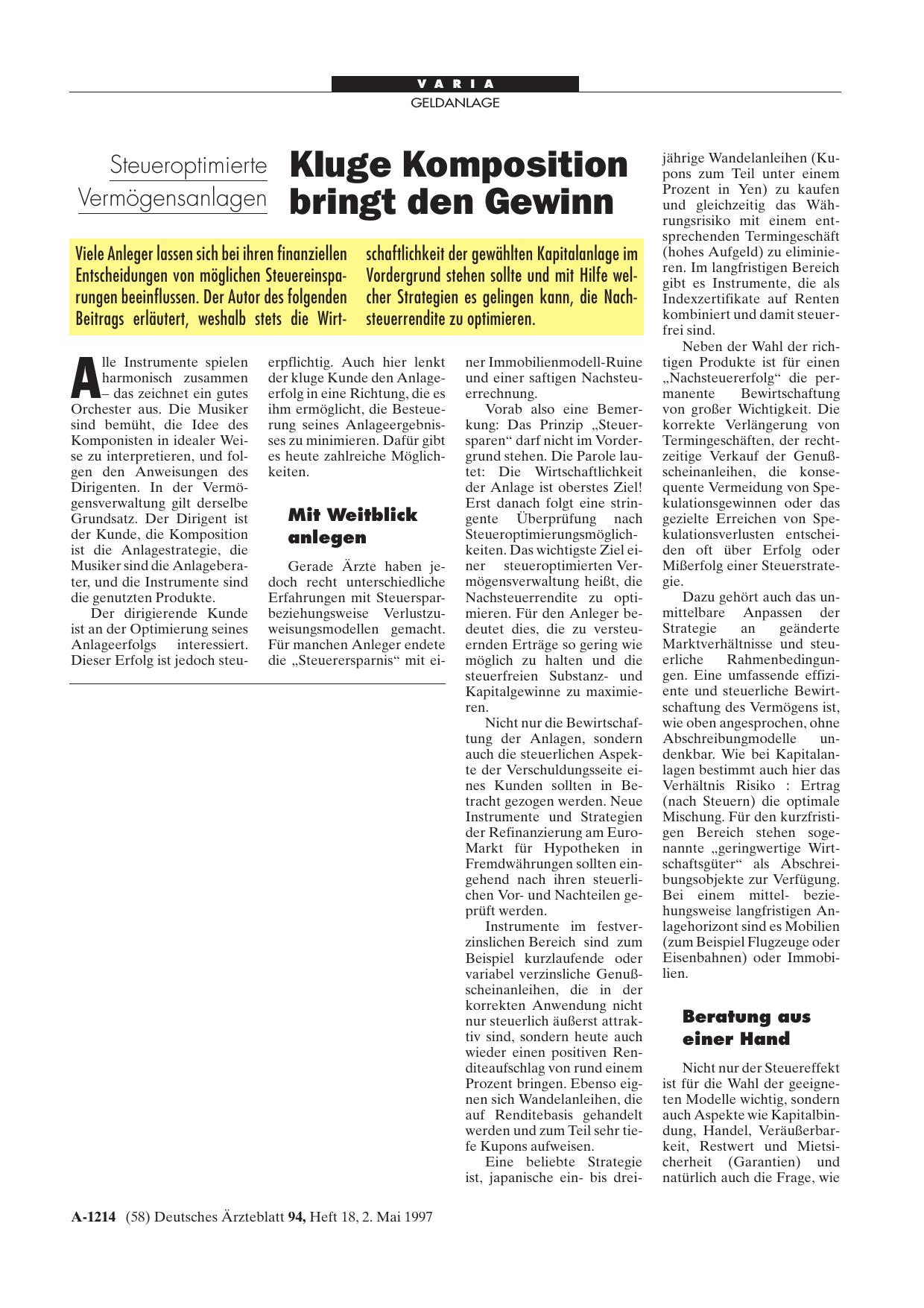 Vorschauseite 1: SteueroptimierteVermögensanlagen: Kluge Komposition bringt den Gewinn