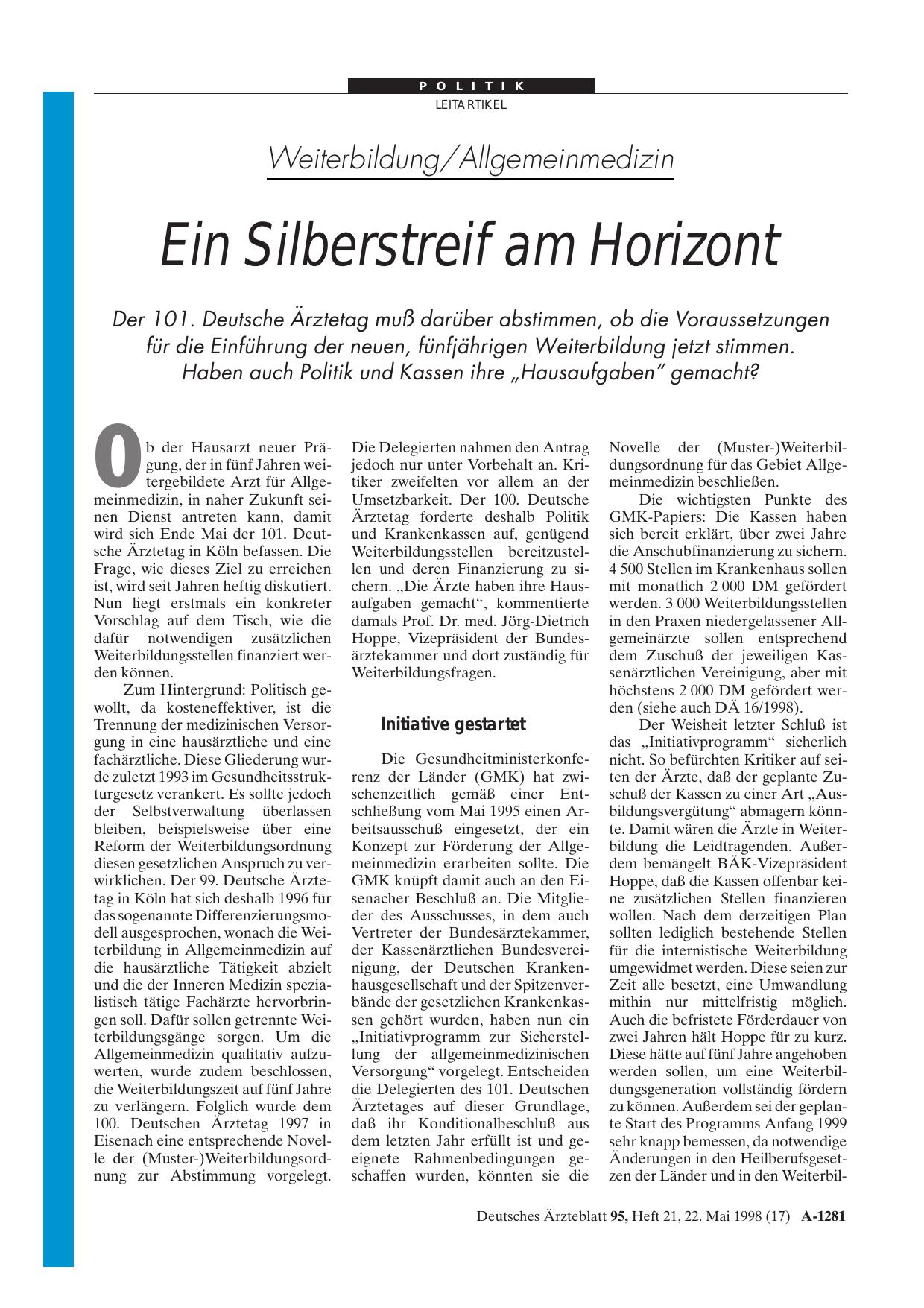 Vorschauseite 1: Weiterbildung/Allgemeinmedizin: Ein Silberstreif am Horizont