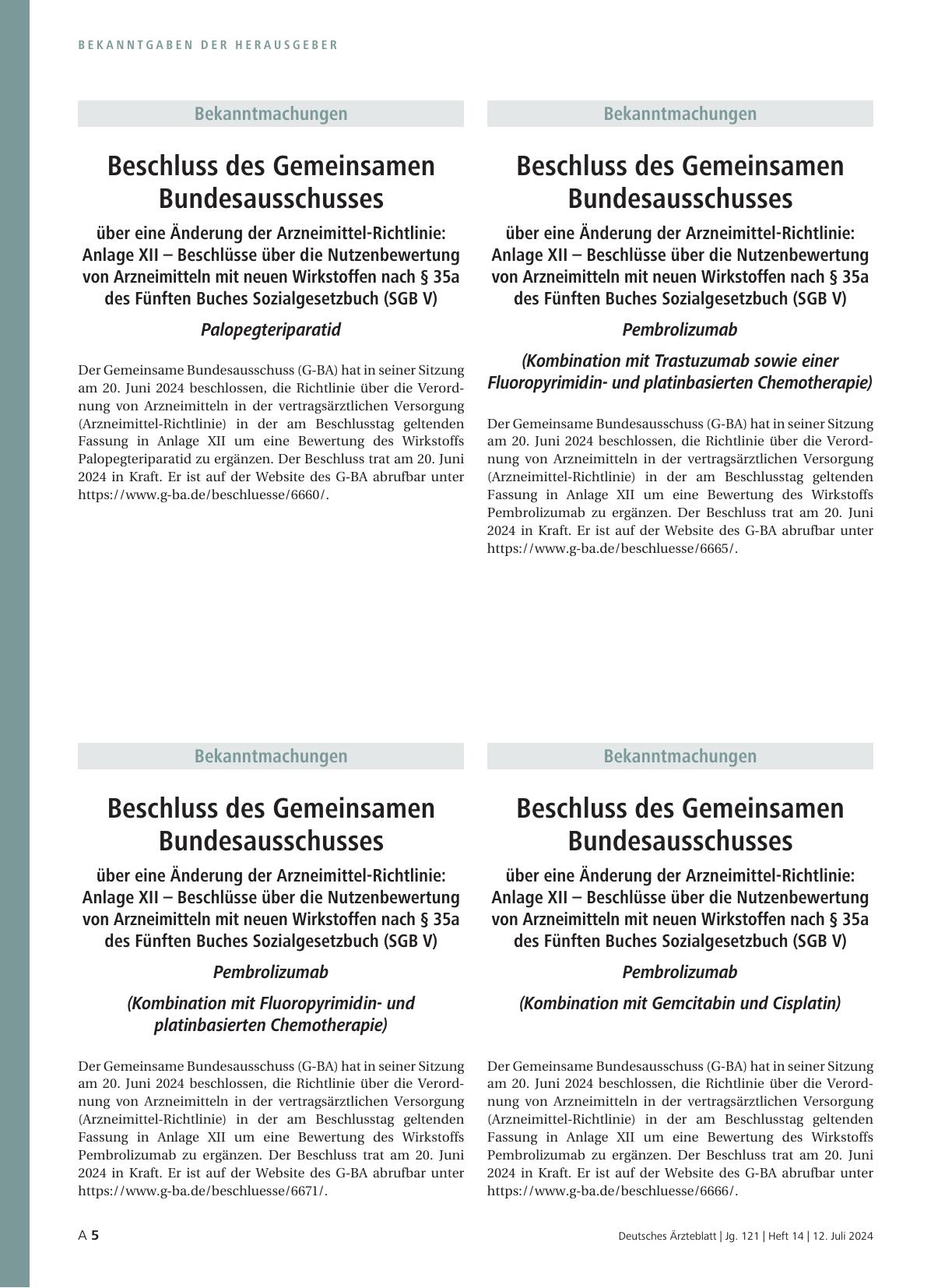 Vorschauseite 1: Beschluss des Gemeinsamen Bundesausschusses über eine Änderung der Arzneimittel-Richtlinie: Anlage XII – Palopegteriparatid