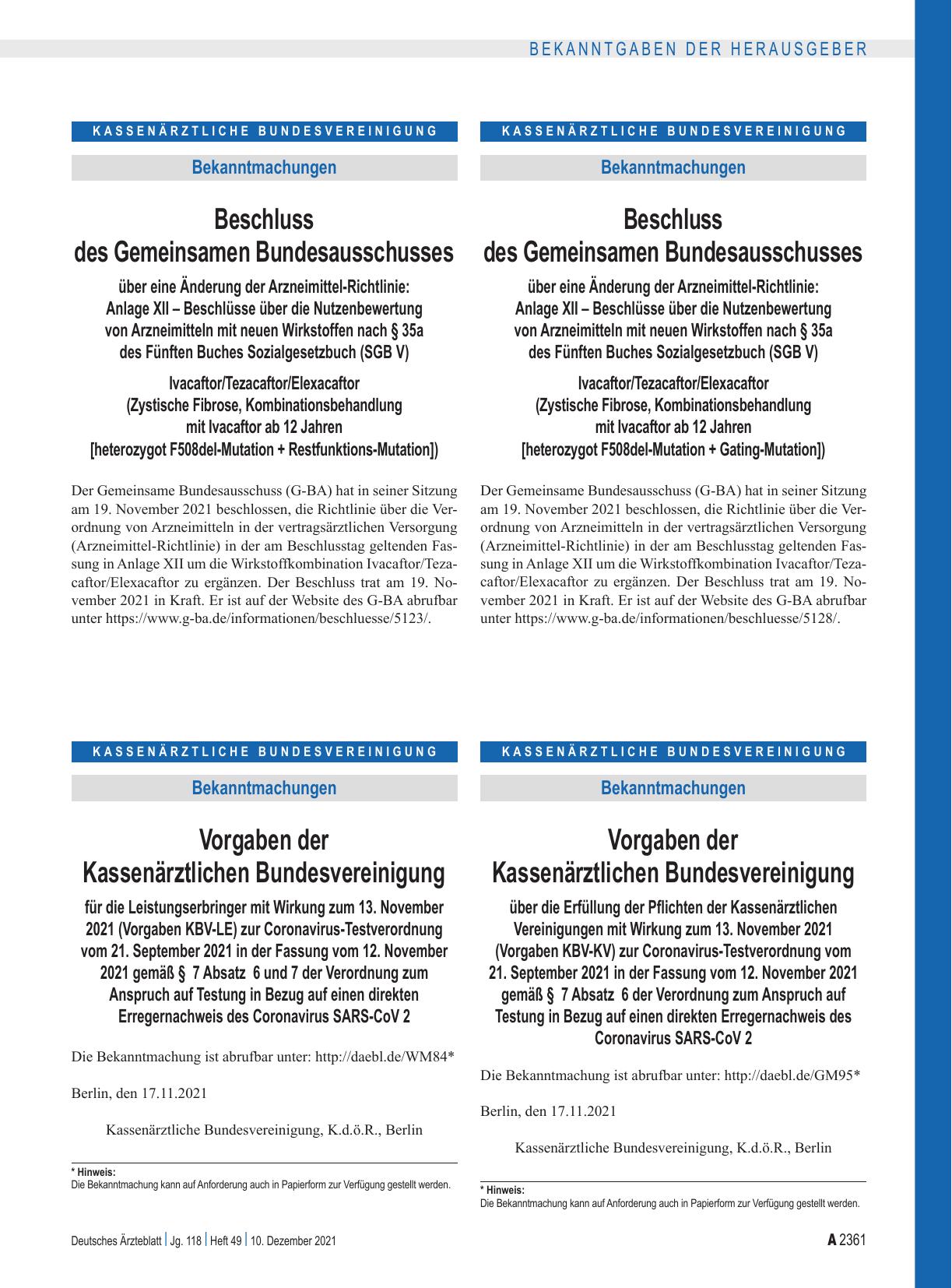 Vorschauseite 1: Beschluss des Gemeinsamen Bundesausschusses über eine Änderung der Arzneimittel-Richtlinie: Ivacaftor/Tezacaftor/Elexacaftor (Zystische Fibrose, Kombinationsbehandlung mit Ivacaft…