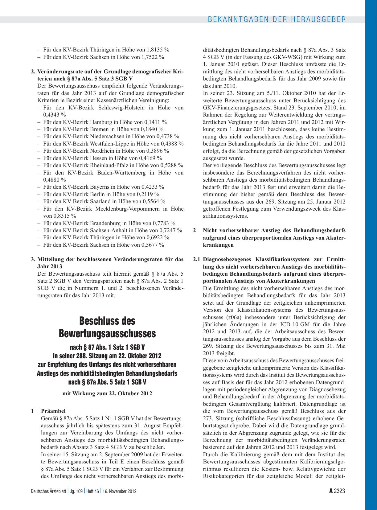 Vorschauseite 1: Beschluss des Bewertungsausschusses nach § 87 Abs. 1 Satz 1 SGB V in seiner 288. Sitzung am 22. Oktober 2012 zur Empfehlung des Umfangs des nicht vorhersehbaren Anstiegs des morbi…