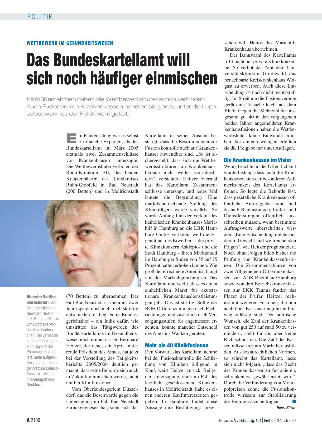 Vorschauseite 1: Wettbewerb im Gesundheitswesen: Das Bundeskartellamt will sich noch häufiger einmischen