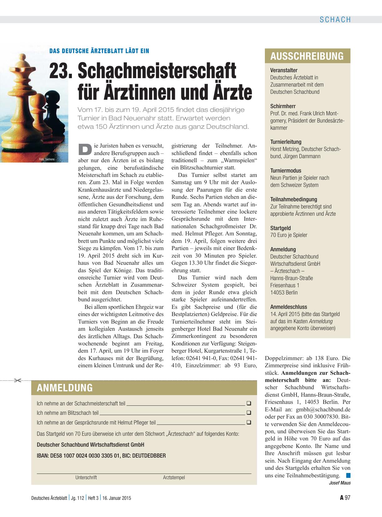 Vorschauseite 1: Das Deutsche Ärzteblatt lädt ein: 23. Schachmeisterschaft für Ärztinnen und Ärzte
