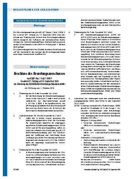 Vorschauseite 1: Beschluss des Bewertungsausschusses nach § 87 Abs. 1 Satz 1 SGB V in seiner 671. Sitzung am 13. September 2023 zur Änderung des Einheitlichen Bewertungsmaßstabes (EBM)