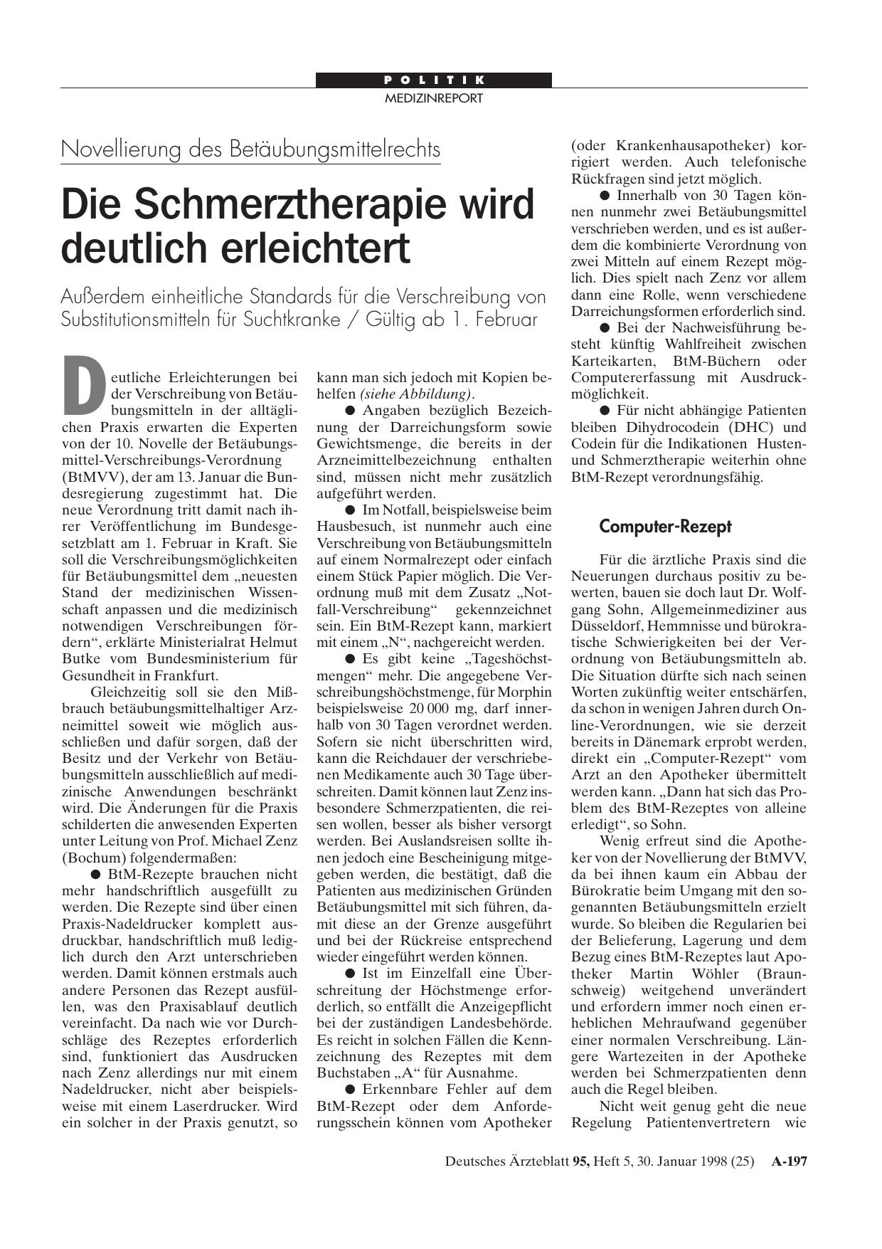 Vorschauseite 1: Novellierung des Betäubungsmittelrechts: Die Schmerztherapie wird deutlich erleichtert