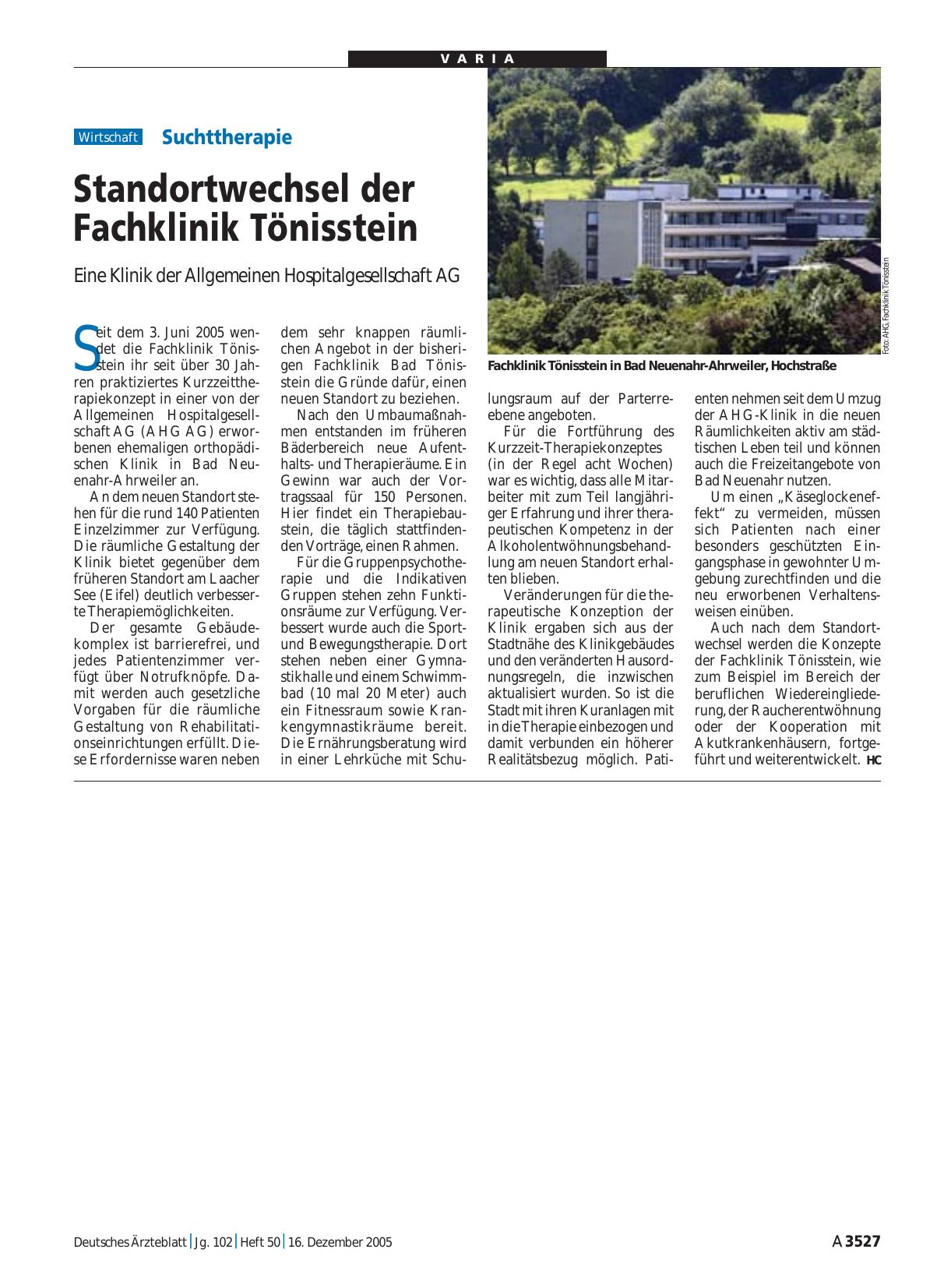 Vorschauseite 1: Suchttherapie: Standortwechsel der Fachklinik Tönisstein