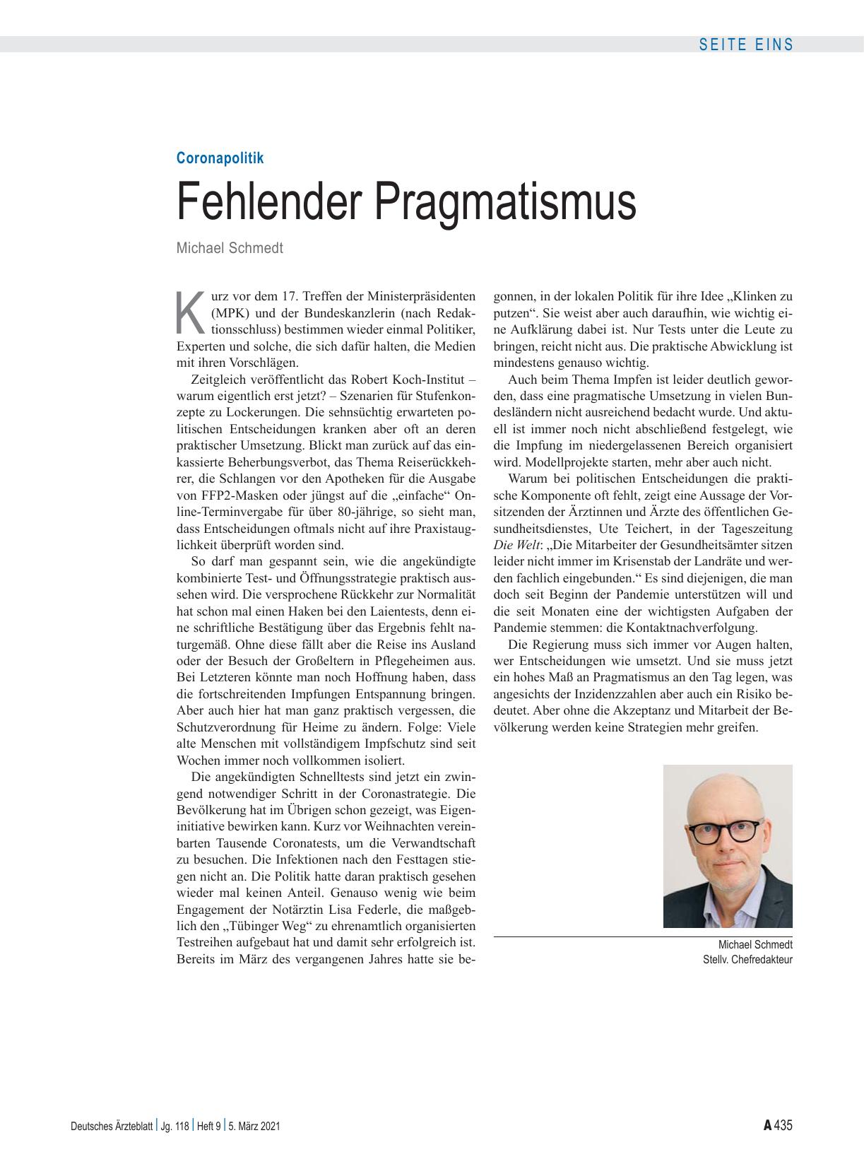 Vorschauseite 1: Coronapolitik: Fehlender Pragmatismus