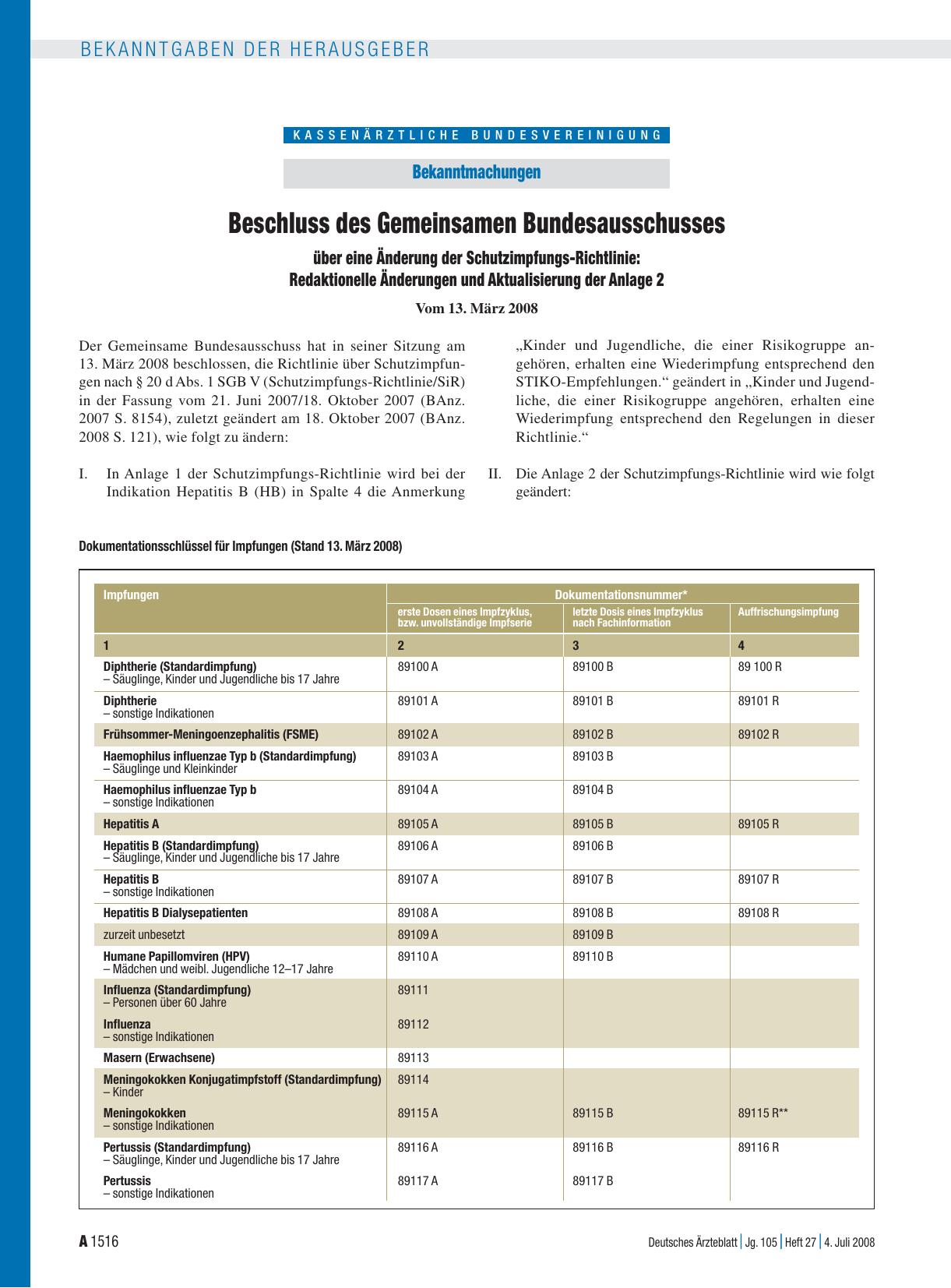 Vorschauseite 1: Bekanntmachungen: Beschluss des Gemeinsamen Bundesausschusses über eine Änderung der Schutzimpfungs-Richtlinie: Redaktionelle Änderungen und Aktualisierung der Anlage 2 Vom 13. Mä…