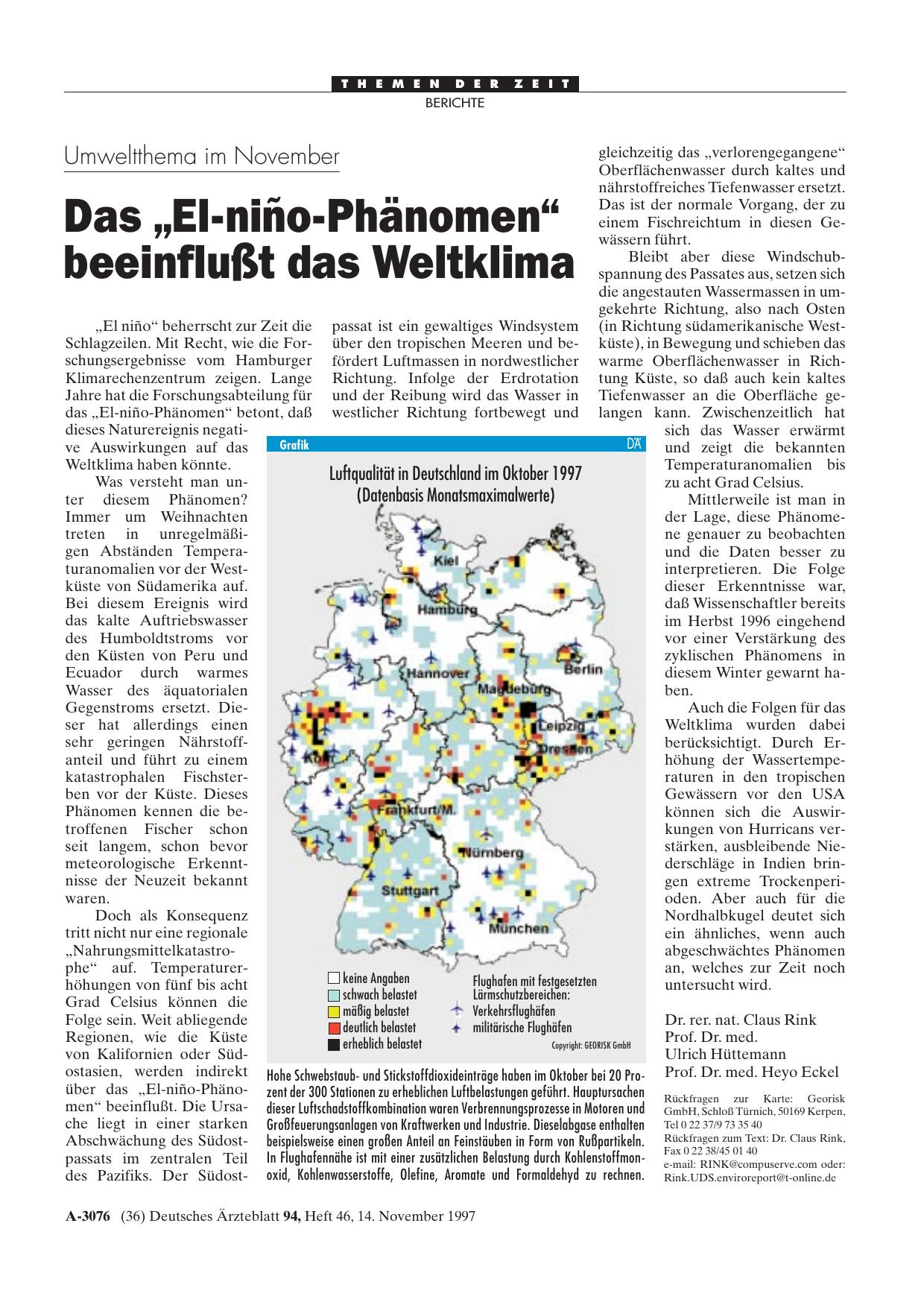 Vorschauseite 1: Umweltthema im November: Das „El-niño-Phänomen“ beeinflußt das Weltklima