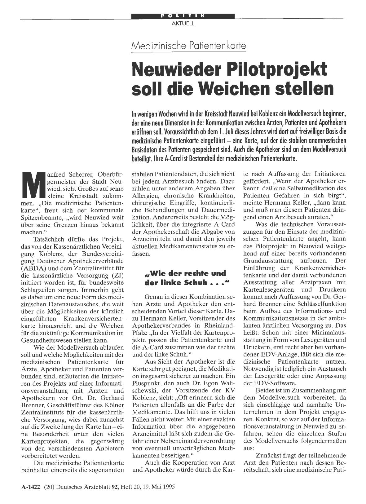 Vorschauseite 1: Medizinische Patientenkarte: Neuwieder Pilotprojekt soll die Weichen stellen