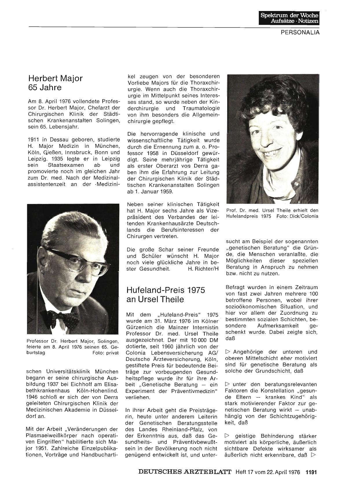 Vorschauseite 1: Hufeland-Preis 1975 an Ursel Theile