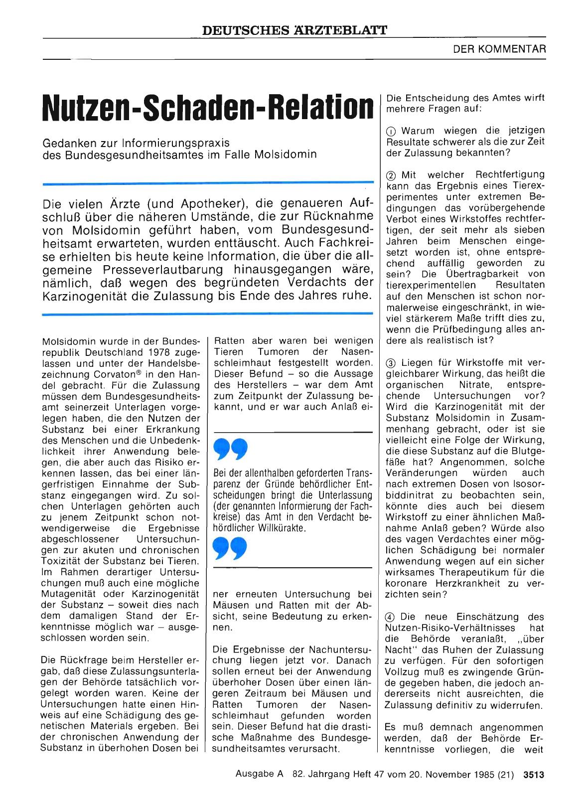 Vorschauseite 1: Nutzen-Schaden-Relation: Gedanken zur Informierungspraxis des Bundesgesundheitsamtes im Falle Molsidomin