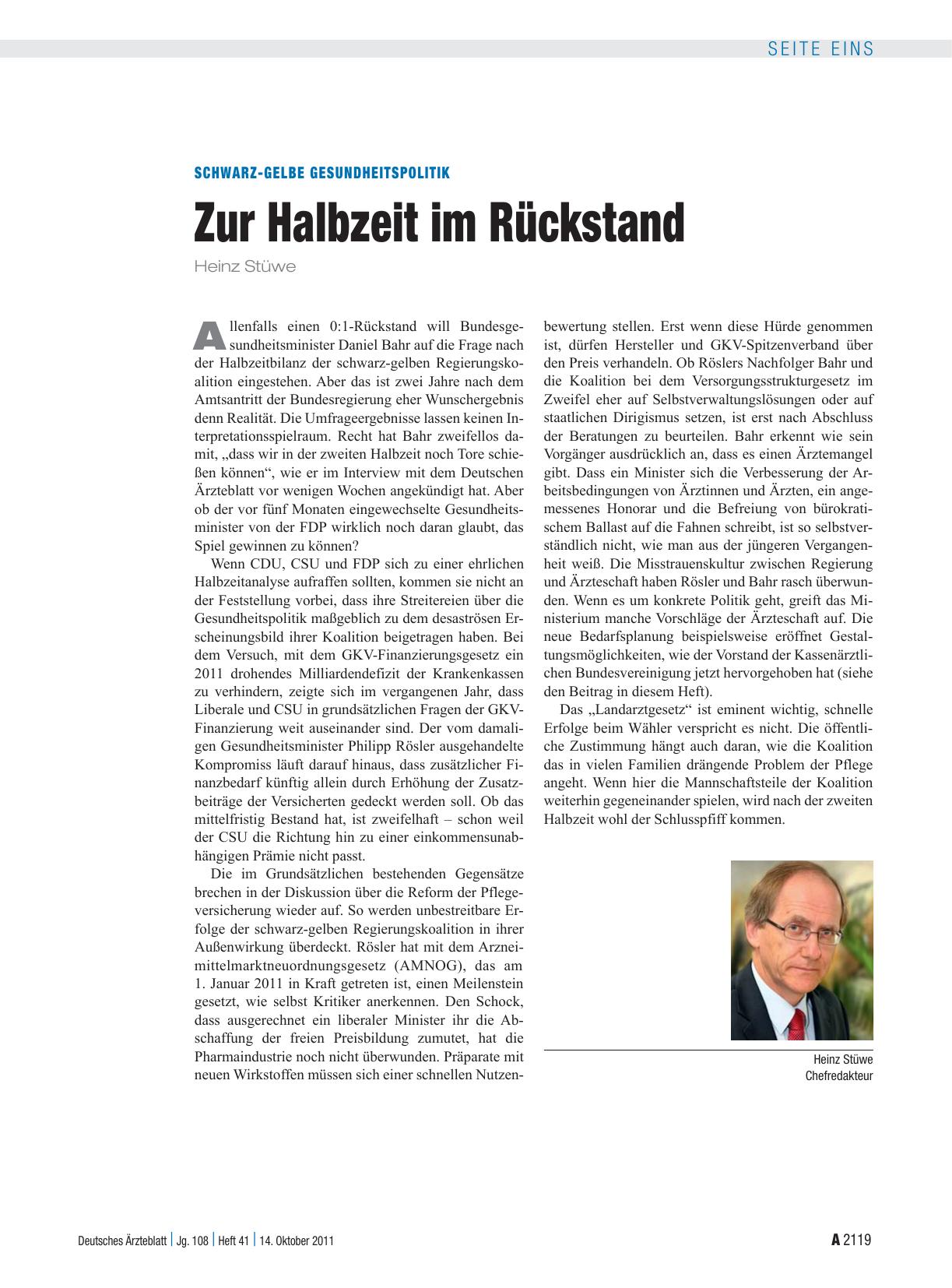 Vorschauseite 1: Schwarz-gelbe Gesundheitspolitik: Zur Halbzeit im Rückstand