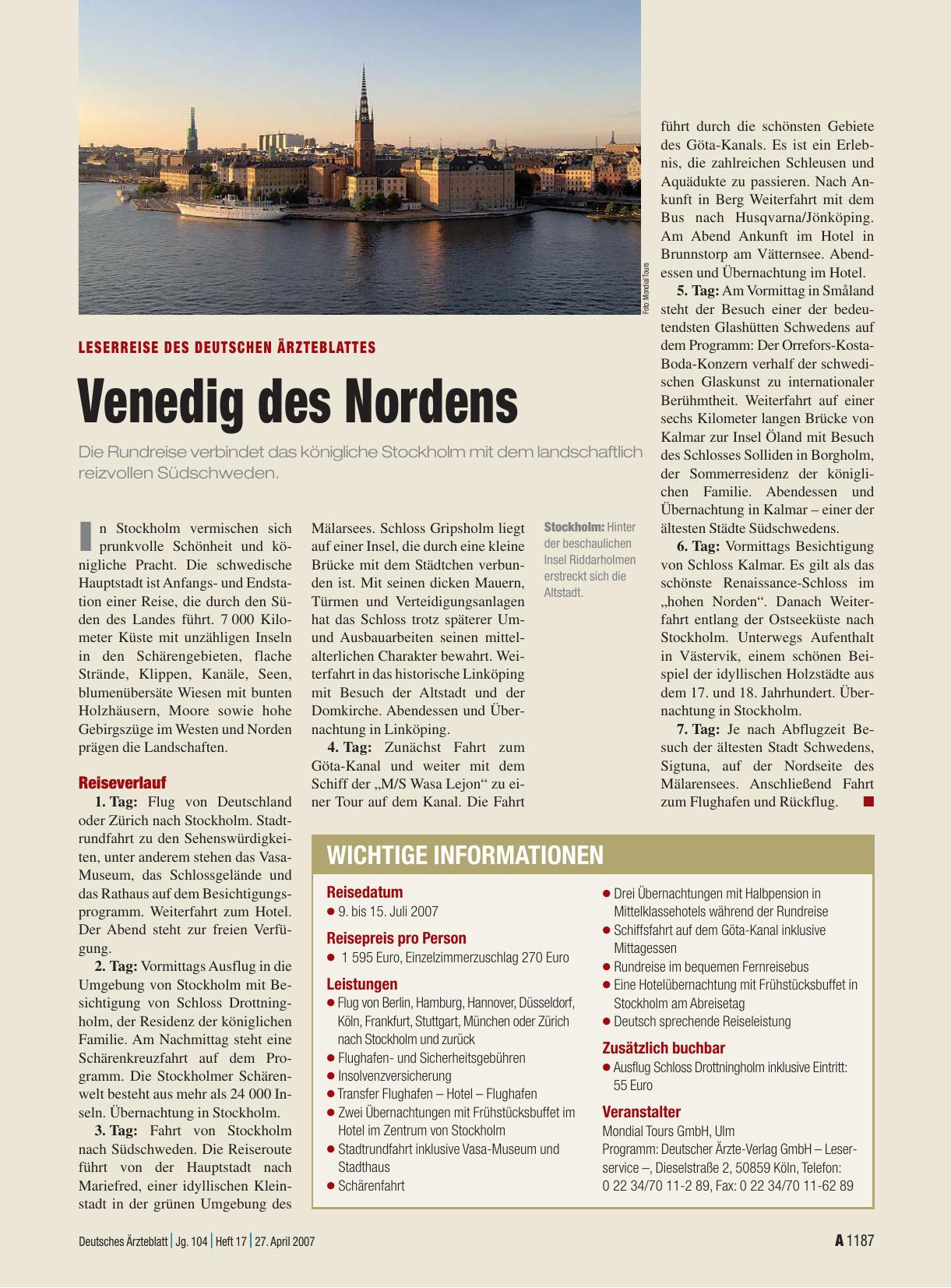 Vorschauseite 1: Leserreise des Deutschen Ärzteblattes: Venedig des Nordens