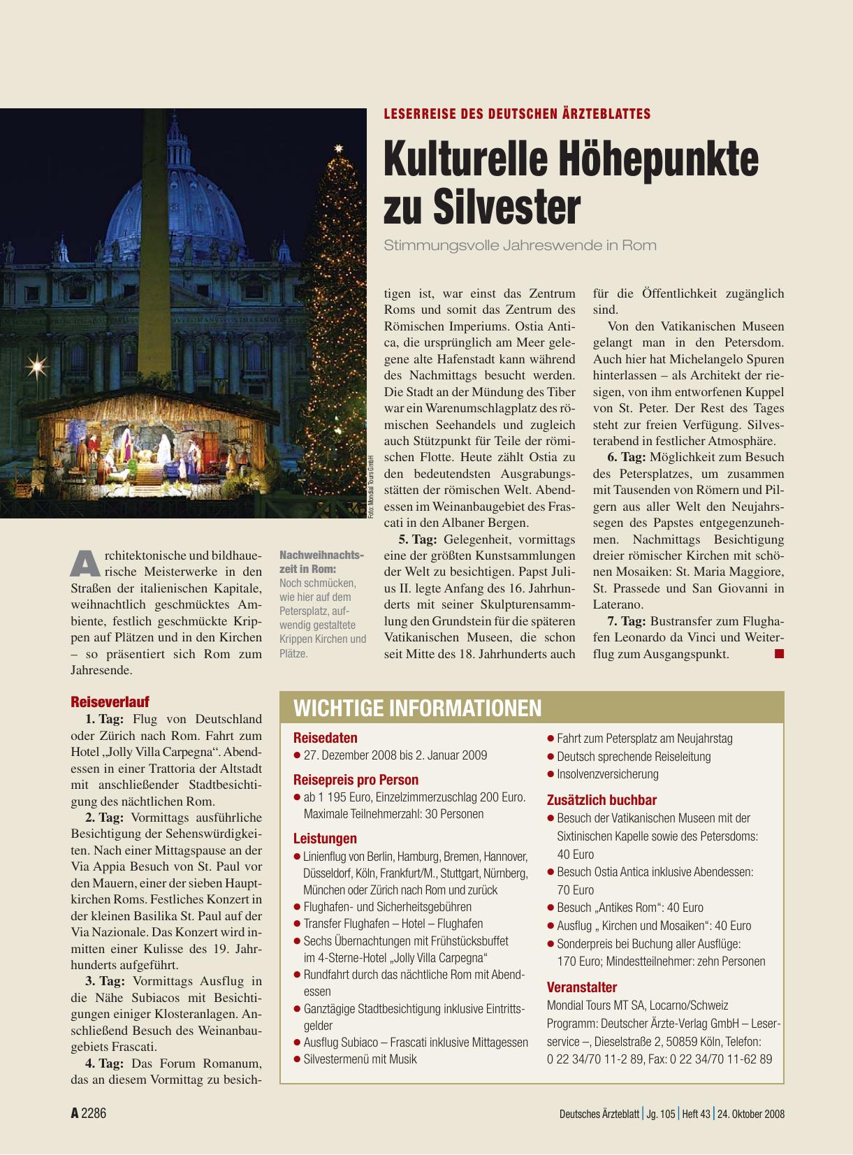 Vorschauseite 1: Leserreise des Deutschen Ärzteblattes: Kulturelle Höhepunkte zu Silvester