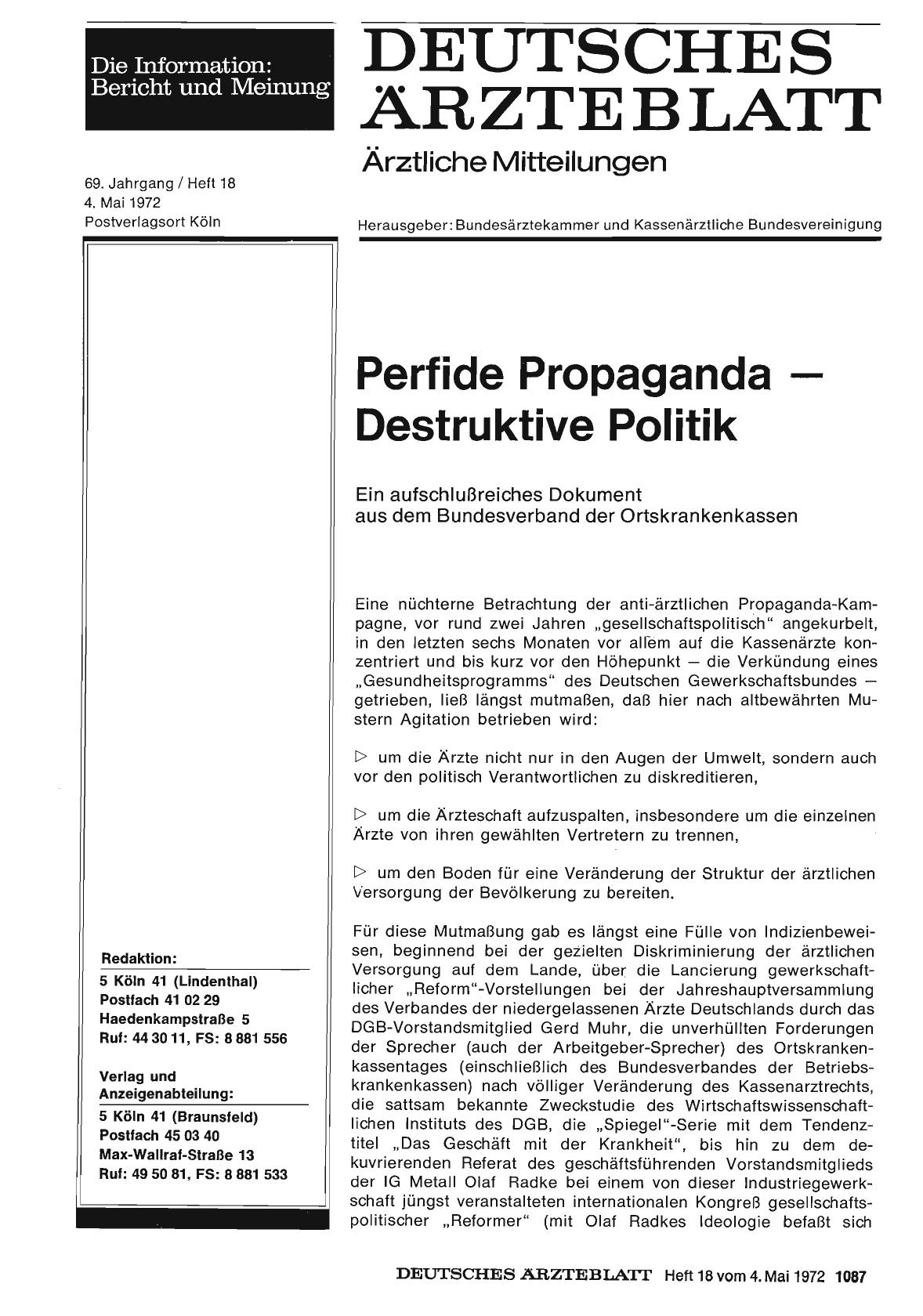 Vorschauseite 1: Perfide Propaganda — Destruktive Politik: Ein aufschlußreiches Dokument aus dem Bundesverband der Ortskrankenkassen
