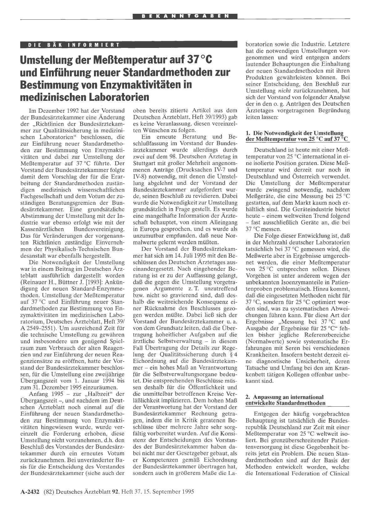 Vorschauseite 1: Umstellung der Meßtemperatur auf 37°C und Einführung neuer Standardmethoden zur Bestimmung von Enzymaktivitäten in medizinischen Laboratorien