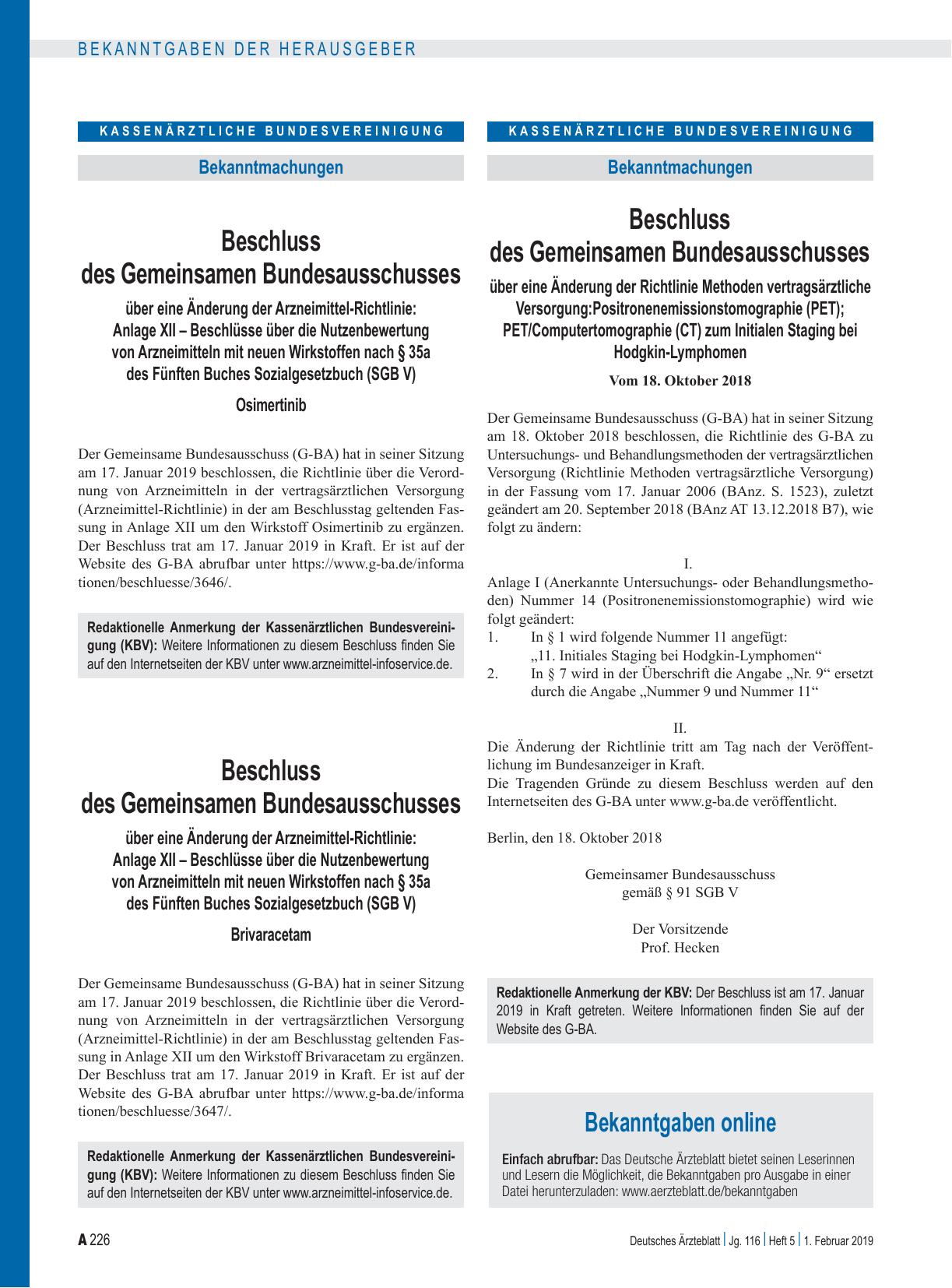 Vorschauseite 1: Beschluss des Gemeinsamen Bundesausschusses über eine Änderung der Richtlinie Methoden vertragsärztliche Versorgung: Positronenemissionstomographie (PET); PET/Computertomographie…