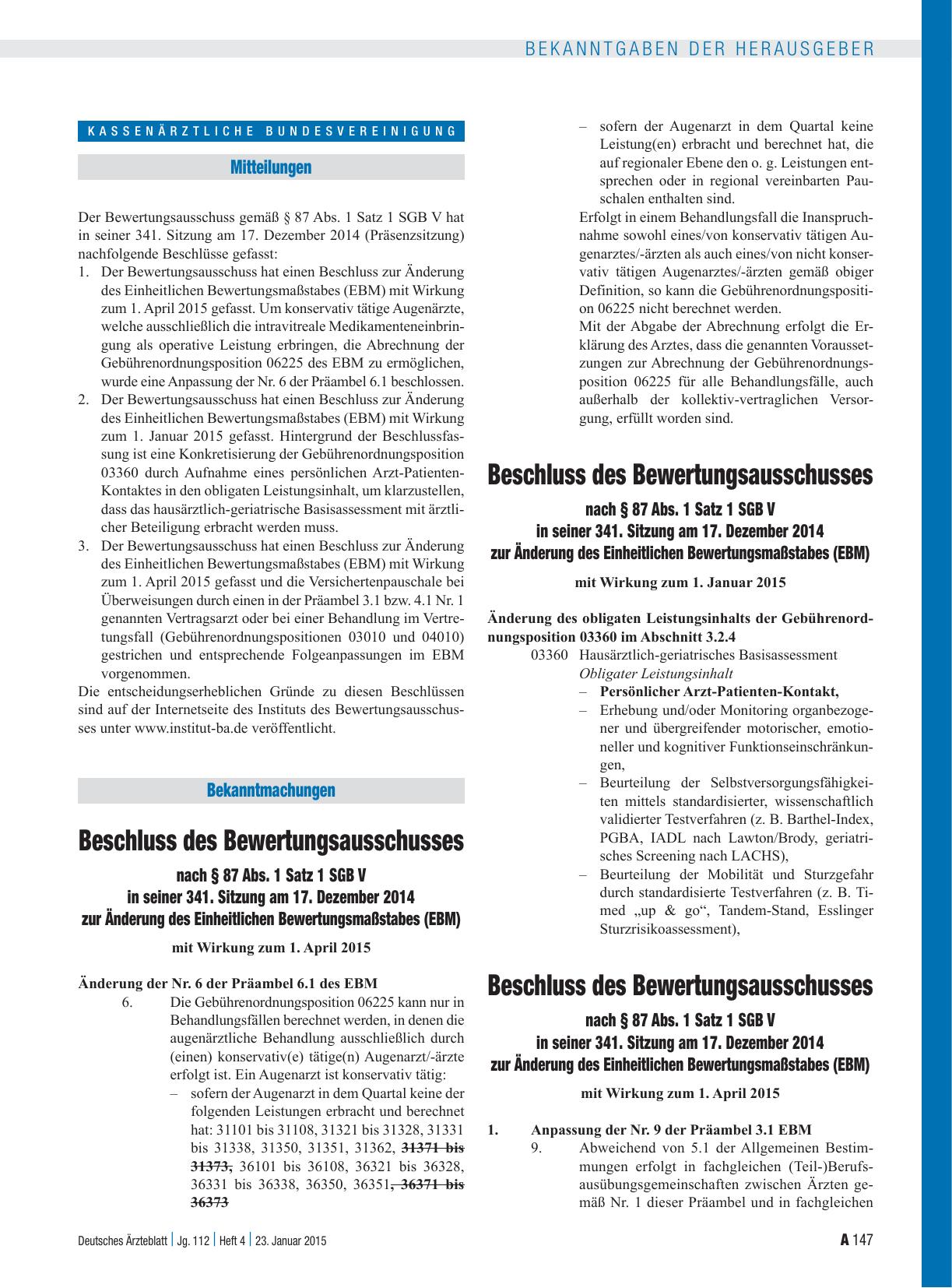 Vorschauseite 1: Beschluss des Bewertungsausschusses nach § 87 Abs. 1 Satz 1 SGB V in seiner 341. Sitzung am 17. Dezember 2014 zur Änderung des Einheitlichen Bewertungsmaßstabes (EBM) mit Wirkung…