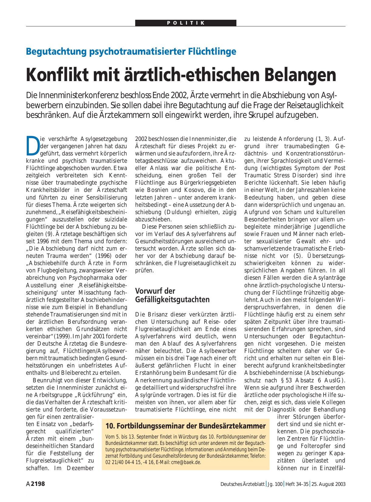 Vorschauseite 1: Begutachtung psychotraumatisierter Flüchtlinge: Konflikt mit ärztlich-ethischen Belangen