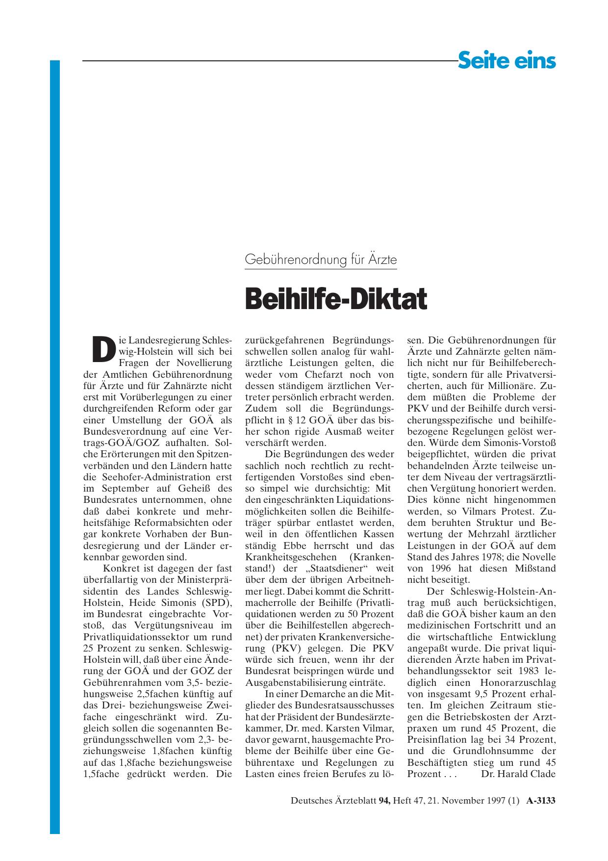 Vorschauseite 1: Gebührenordnung für Ärzte: Beihilfe-Diktat