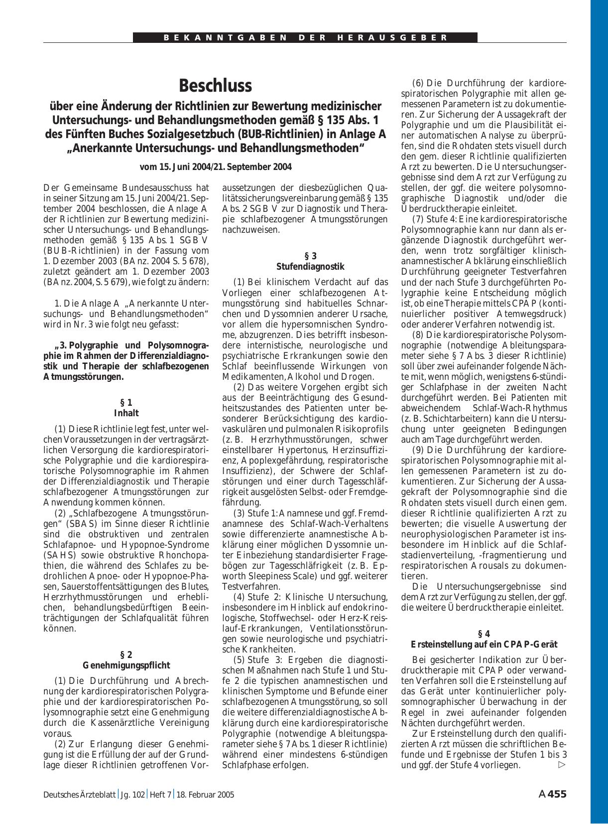 Vorschauseite 1: Beschluss über eine Änderung der Richtlinien zur Bewertung medizinischer Untersuchungsund Behandlungsmethoden gemäß § 135 Abs. 1 des Fünften Buches Sozialgesetzbuch (BUB-Richtlini…