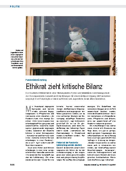 Vorschauseite 1: Pandemiebekämpfung: Ethikrat zieht kritische Bilanz