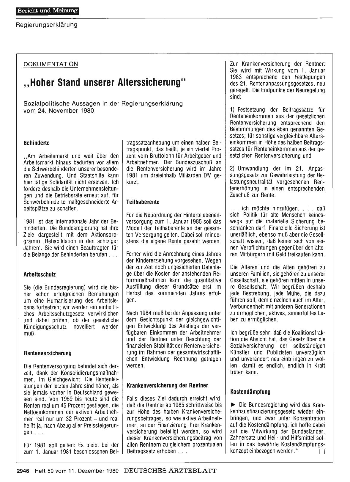 Vorschauseite 1: „Hoher Stand unserer Alterssicherung„: Sozialpolitische Aussagen in der Regierungserklärung vom 24. November 1980