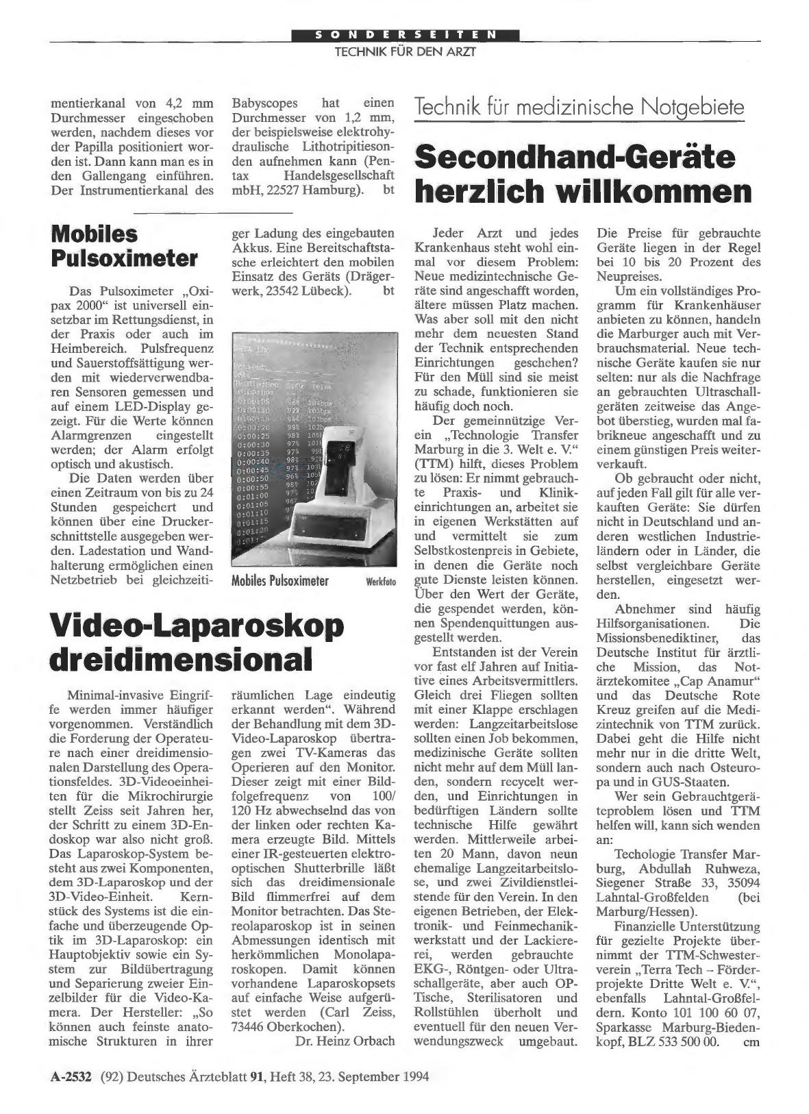 Vorschauseite 1: Technik für medizinische Notgebiete Secondhand-Geräte herzlich willkommen