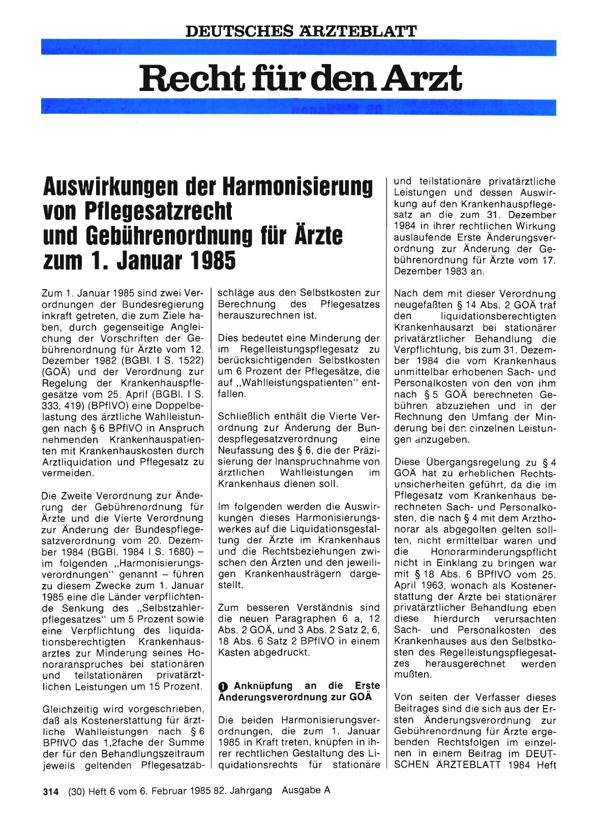 Vorschauseite 1: Auswirkungen der Harmonisierung von Pflegesatzrecht und Gebührenordnung für Ärzte zum 1. Januar 1985