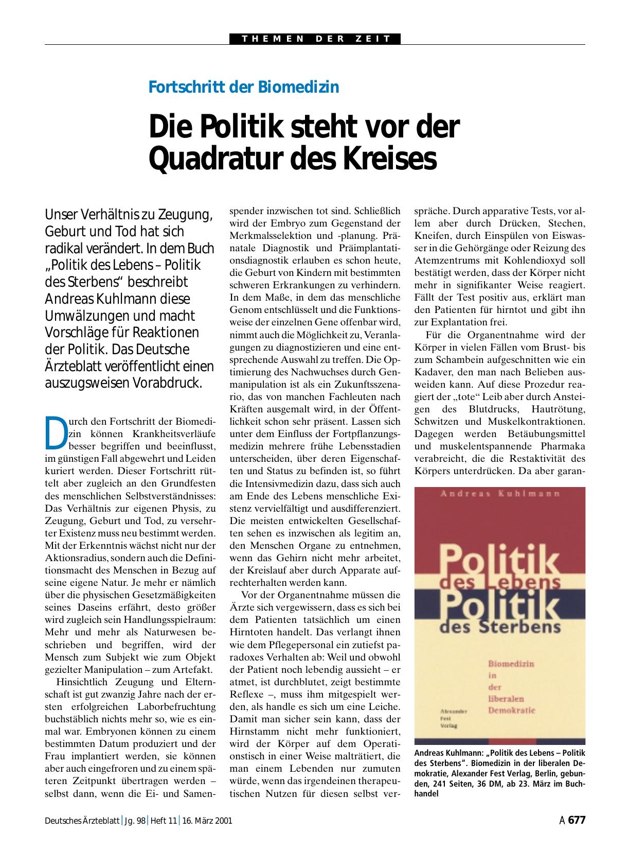 Vorschauseite 1: Fortschritt der Biomedizin: Die Politik steht vor der Quadratur des Kreises