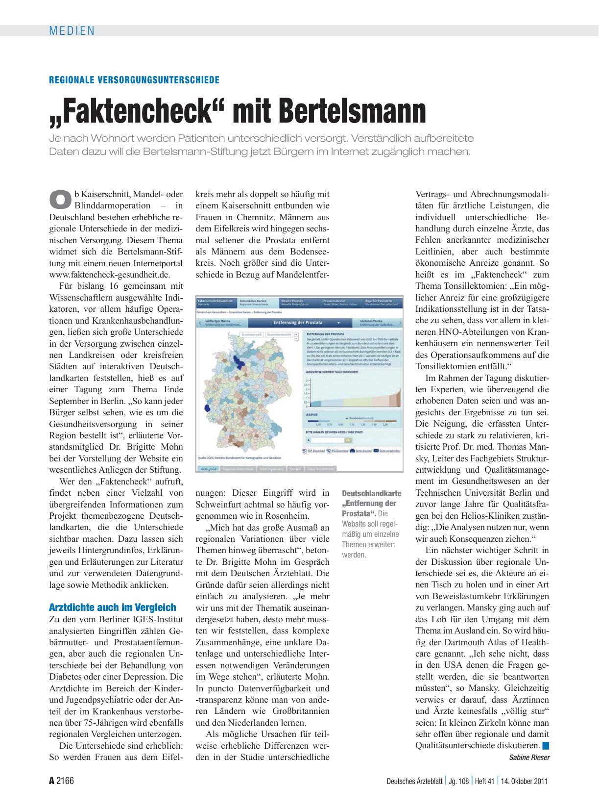 Vorschauseite 1: Regionale Versorgungsunterschiede: „Faktencheck“ mit Bertelsmann