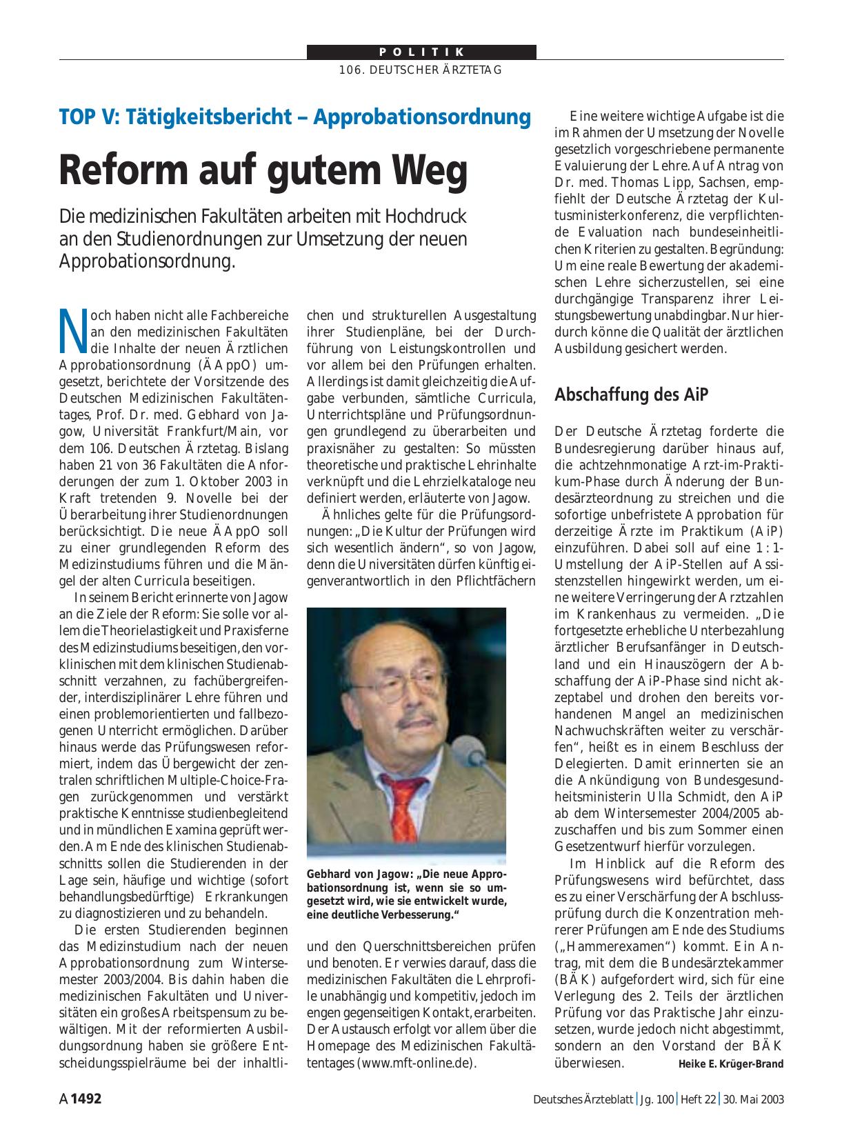Vorschauseite 1: TOP V - Tätigkeitsbericht – Approbationsordnung Reform auf gutem Weg
