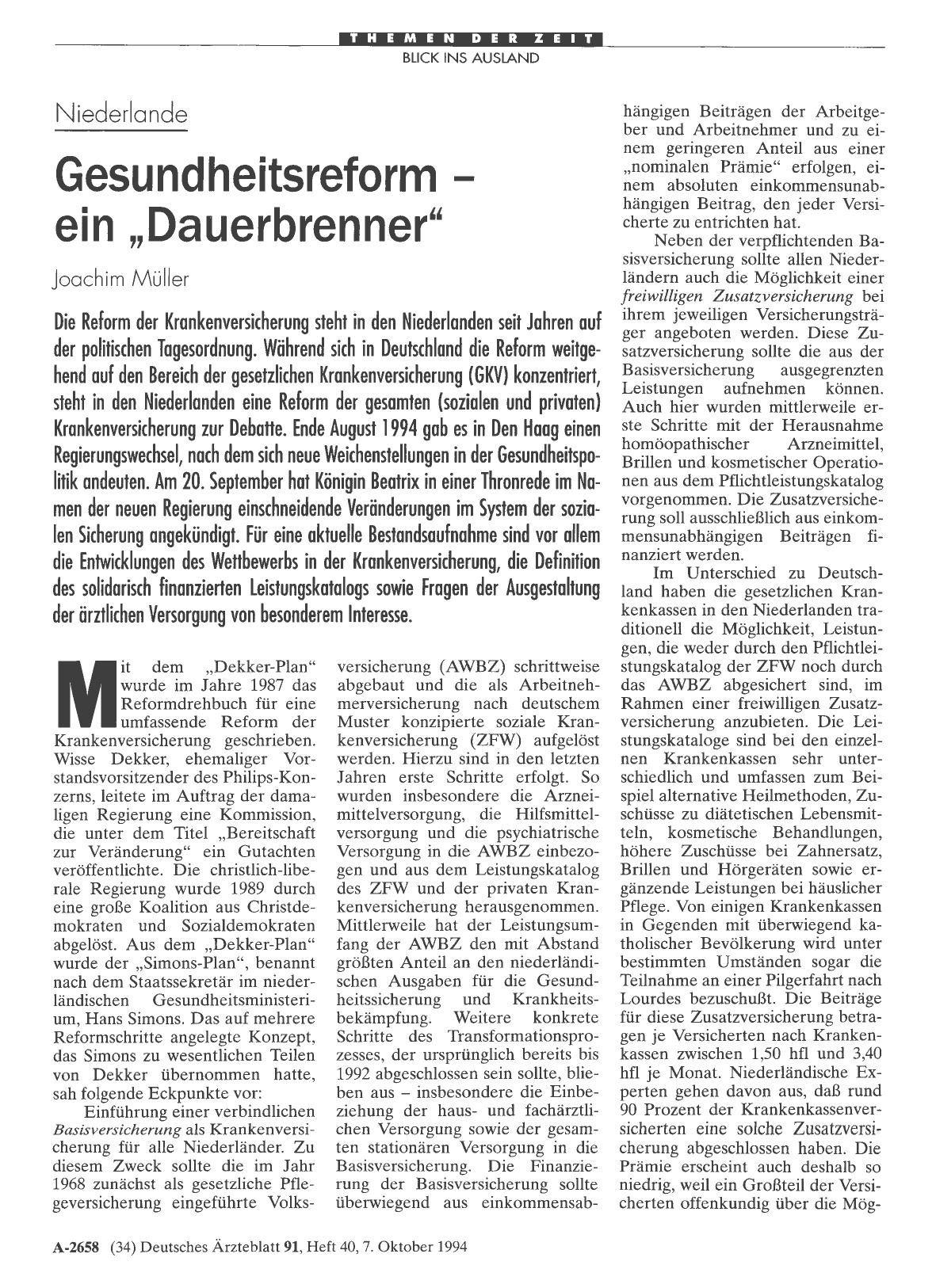 Vorschauseite 1: Niederlande Gesundheitsreform ein „Dauerbrenner“