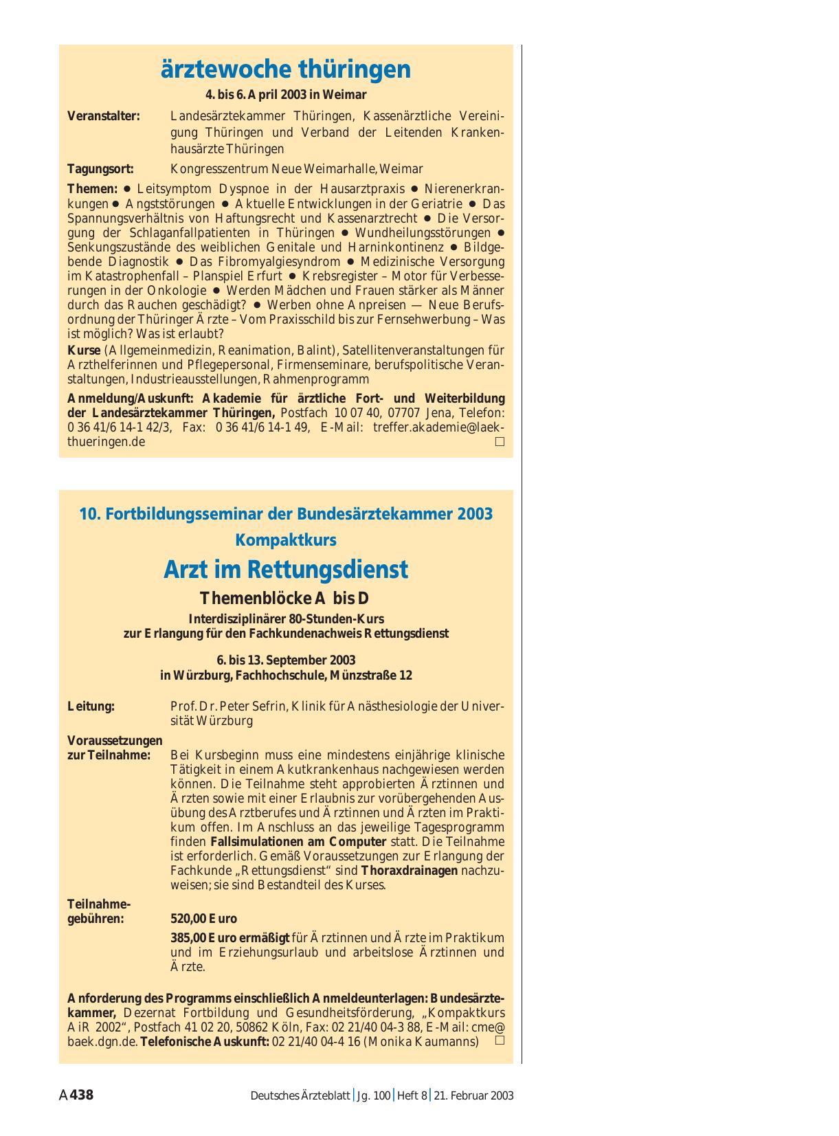 Vorschauseite 1: 10. Fortbildungsseminar der Bundesärztekammer 2003 Kompaktkurs: Arzt im Rettungsdienst