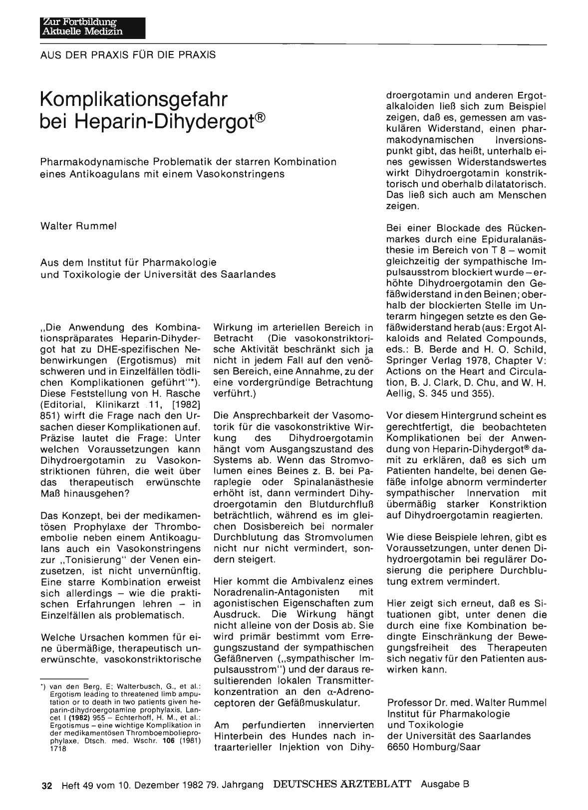 Vorschauseite 1: Komplikationsgefahr bei Heparin-Dihydergot®: Pharmakodynamische Problematik der starren Kombination eines Antikoagulans mit einem Vasokonstringens