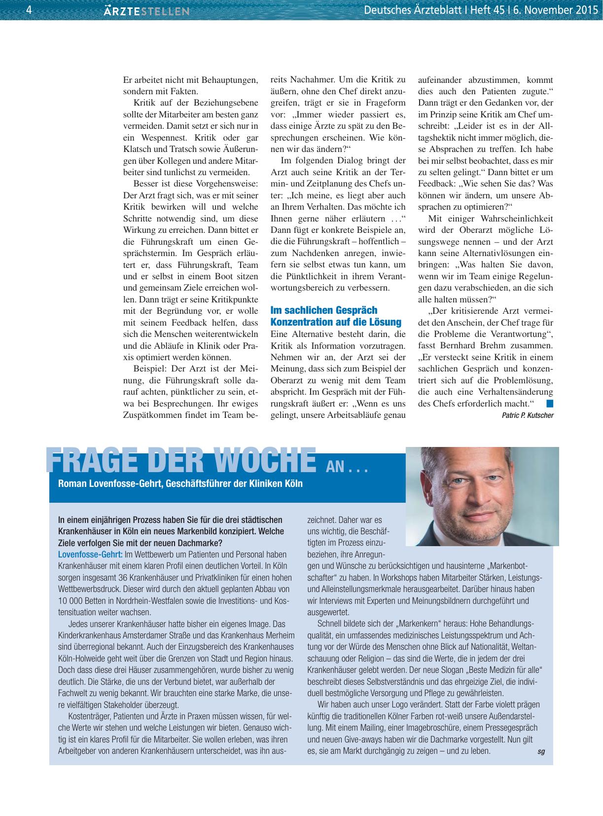 Vorschauseite 1: Frage der Woche an. .. Roman Lovenfosse-Gehrt, Geschäftsführer der Kliniken Köln