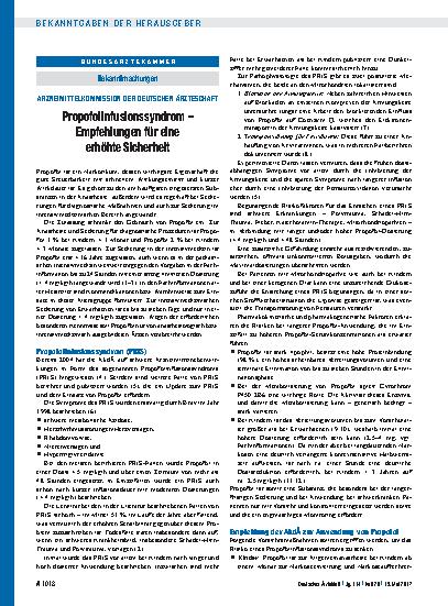 Vorschauseite 1: Arzneimittelkommission der Deutschen Ärzteschaft: Propofolinfusionssyndrom – Empfehlungen für eine erhöhte Sicherheit