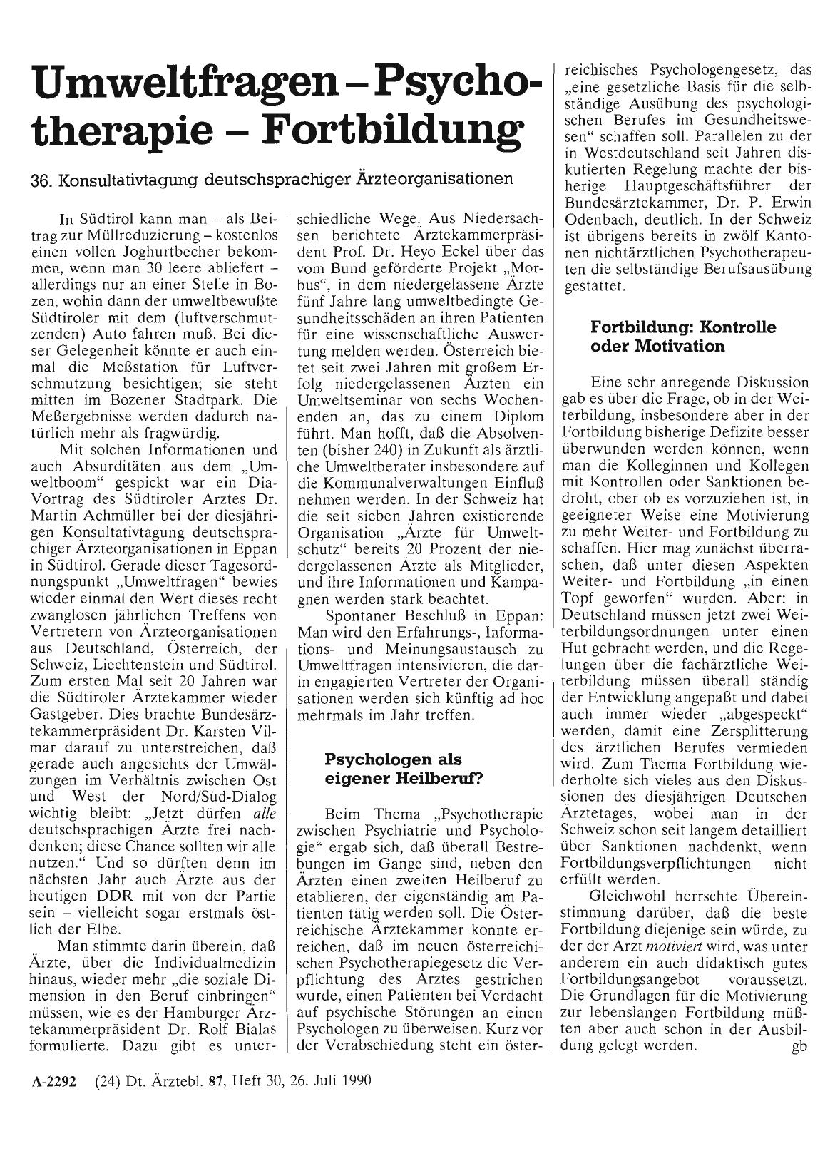Vorschauseite 1: Umweltfragen - Psychotherapie - Fortbildung