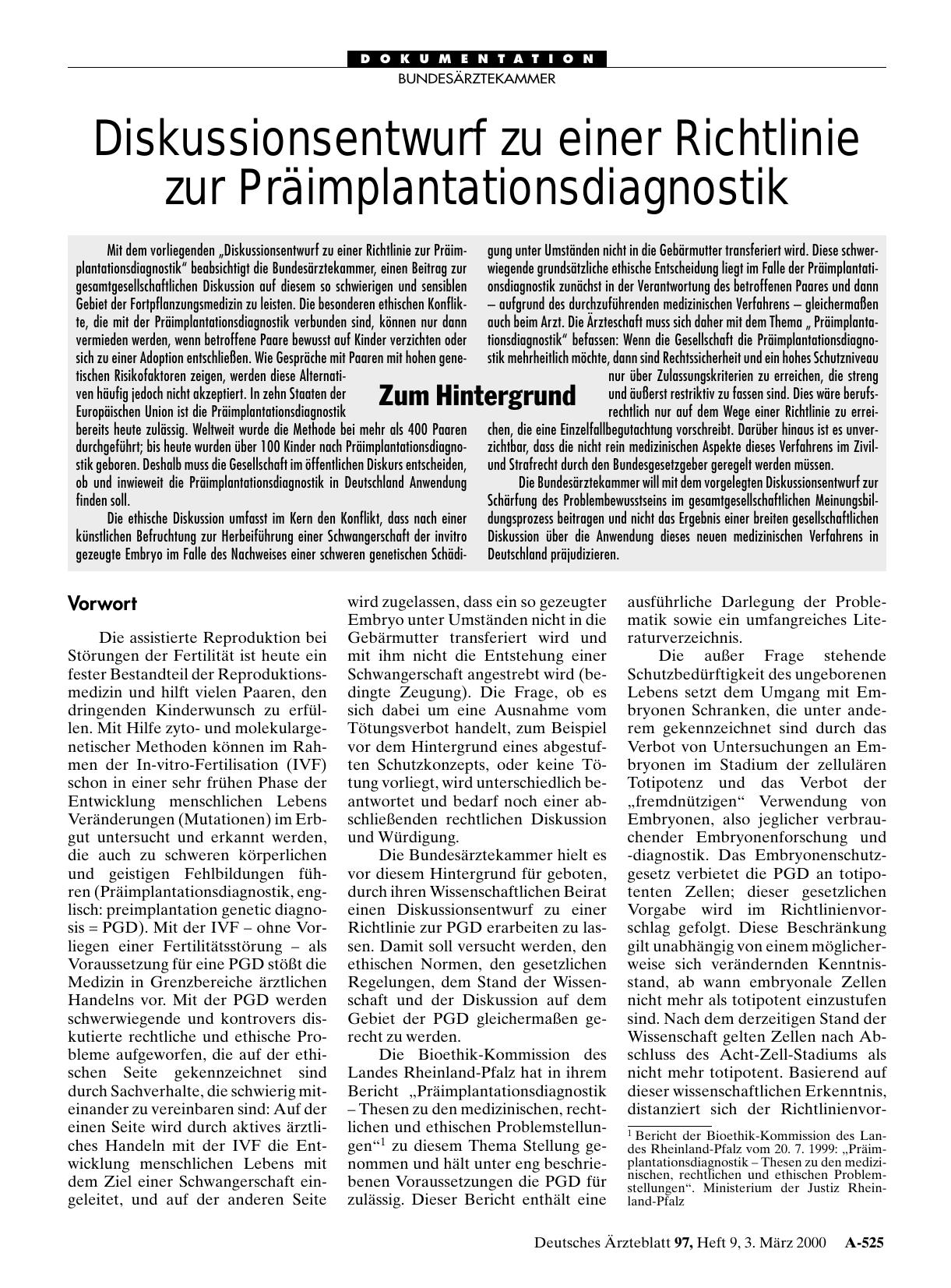 Vorschauseite 1: Diskussionsentwurf zu einer Richtlinie zur Präimplantationsdiagnostik