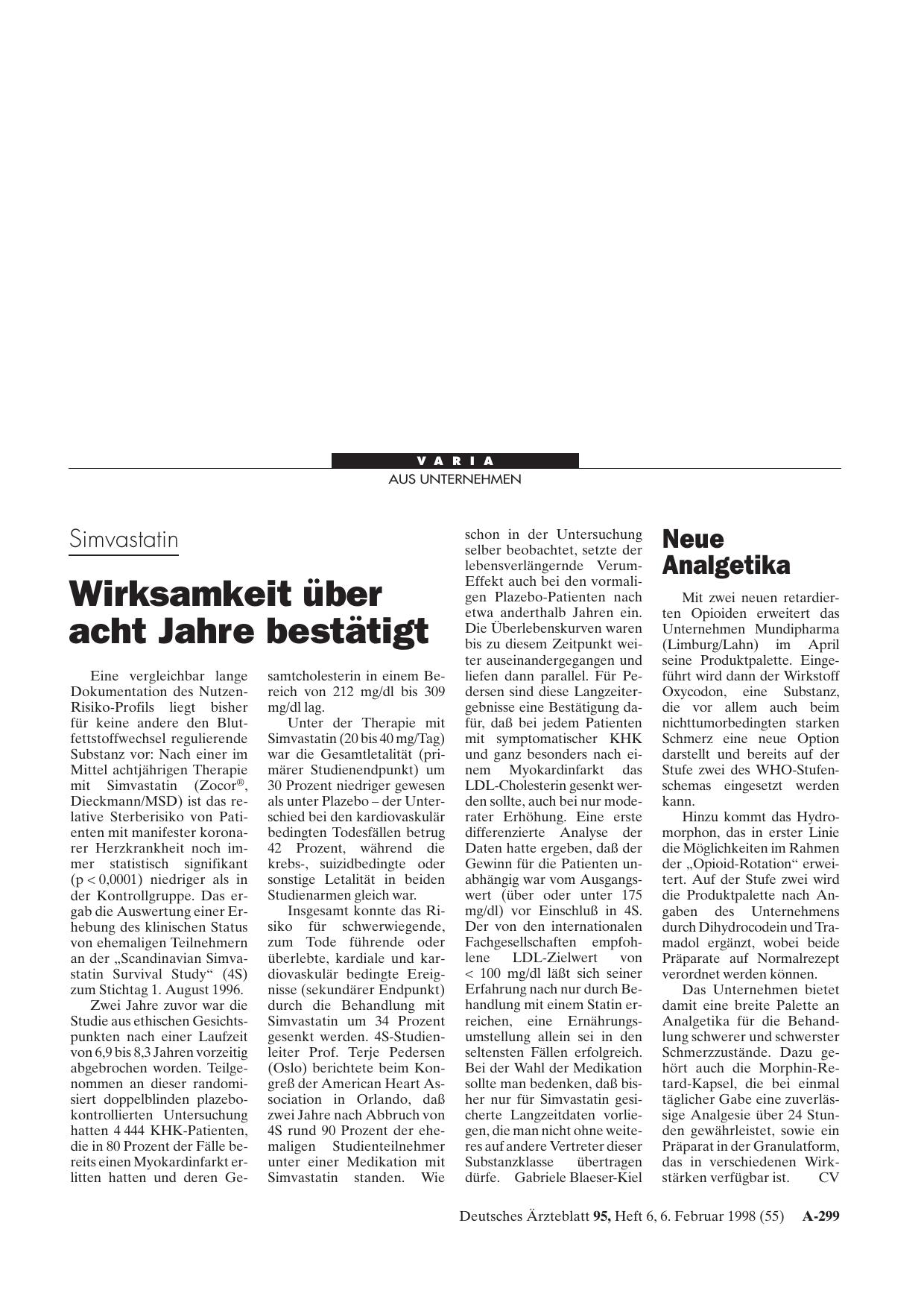 Vorschauseite 1: Simvastatin: Wirksamkeit über acht Jahre bestätigt